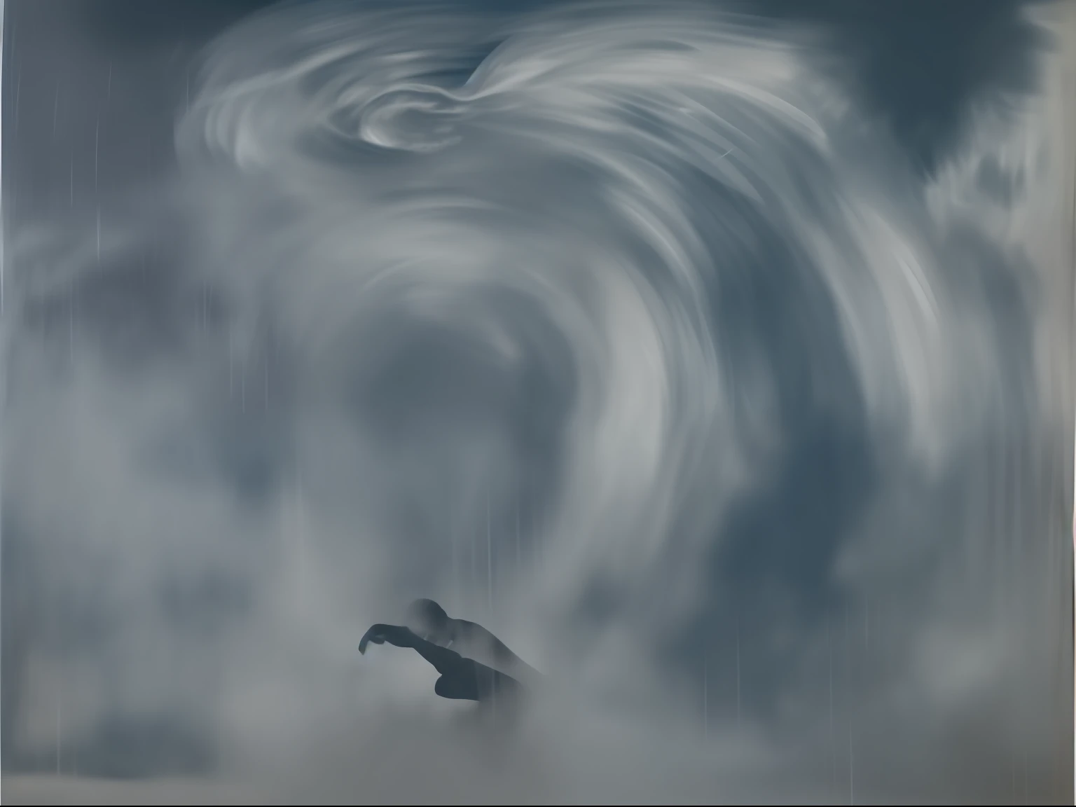 Black and white painting of a man under a cloud of sadness, Something