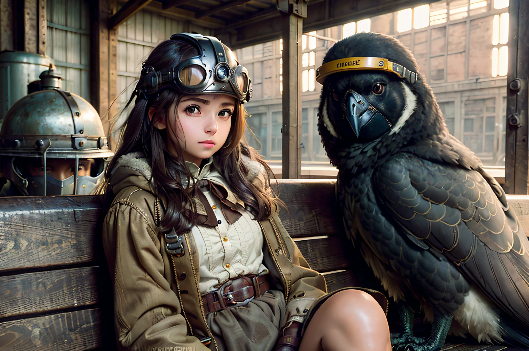 (8K, RAW photo, Highest quality), Beautiful girl, Sit on a bench in the factory, (Aviary helmet),Jacket available, (Detailed eyes:0.8), (Looking at the camera:1.4), (Highest quality), (Best shadow), Intricate details, interiors, Dark Studio, pastel colour, steampunc,