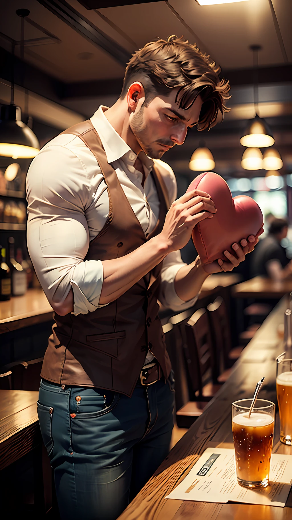 Heart break, men, pub background, --auto