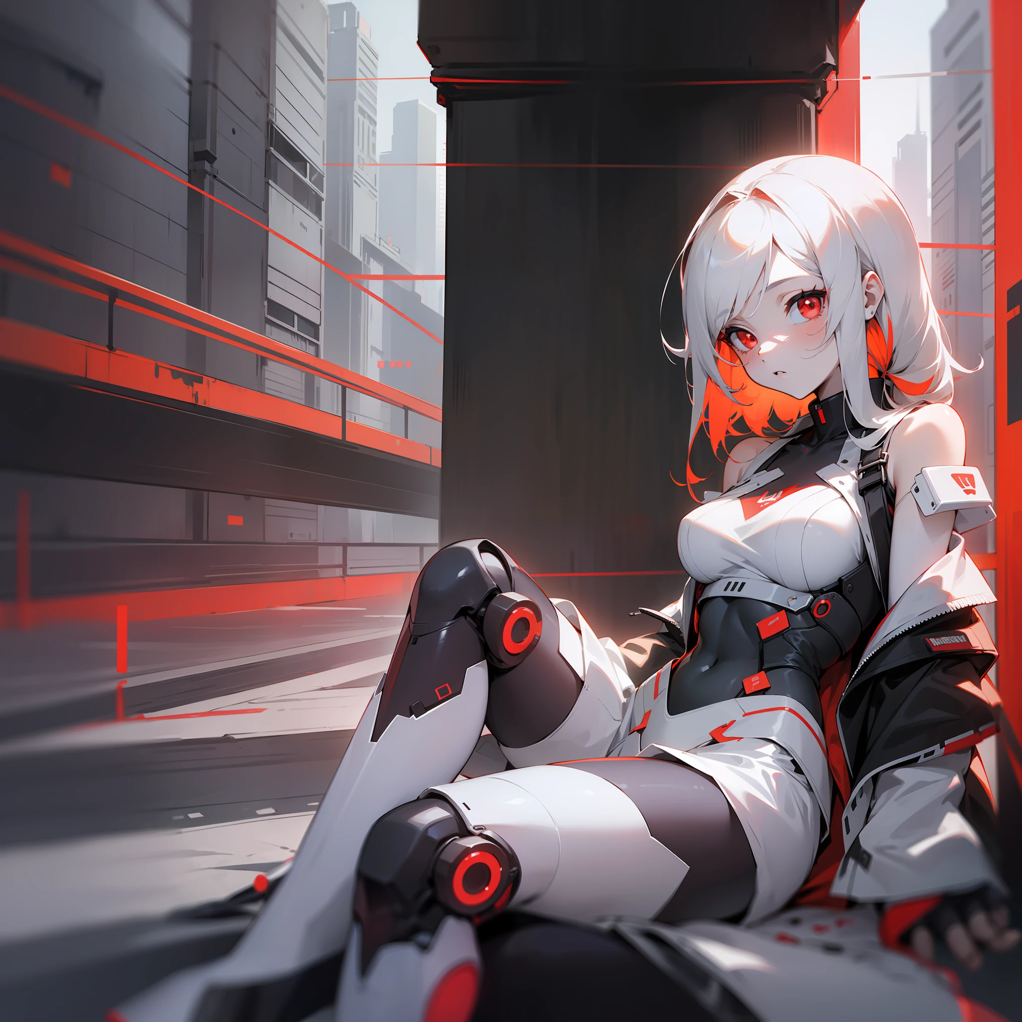 Best quality mode，The picture is fine，Cyberpunk style，Beautiful teenage girl，White is the main color，Red is a sub-hue，whaite hair，red pupils，Snow-white skin，Dressed in mechs，half-body portrait，Extreme refinement