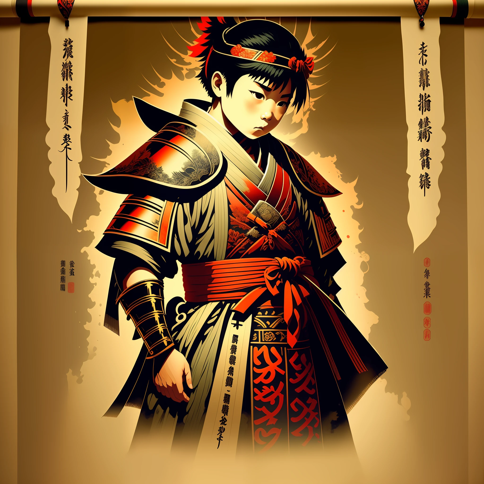1 boy is samurai, samurai armor is design print, hanging scroll of one kanji character background, extremely high quality,