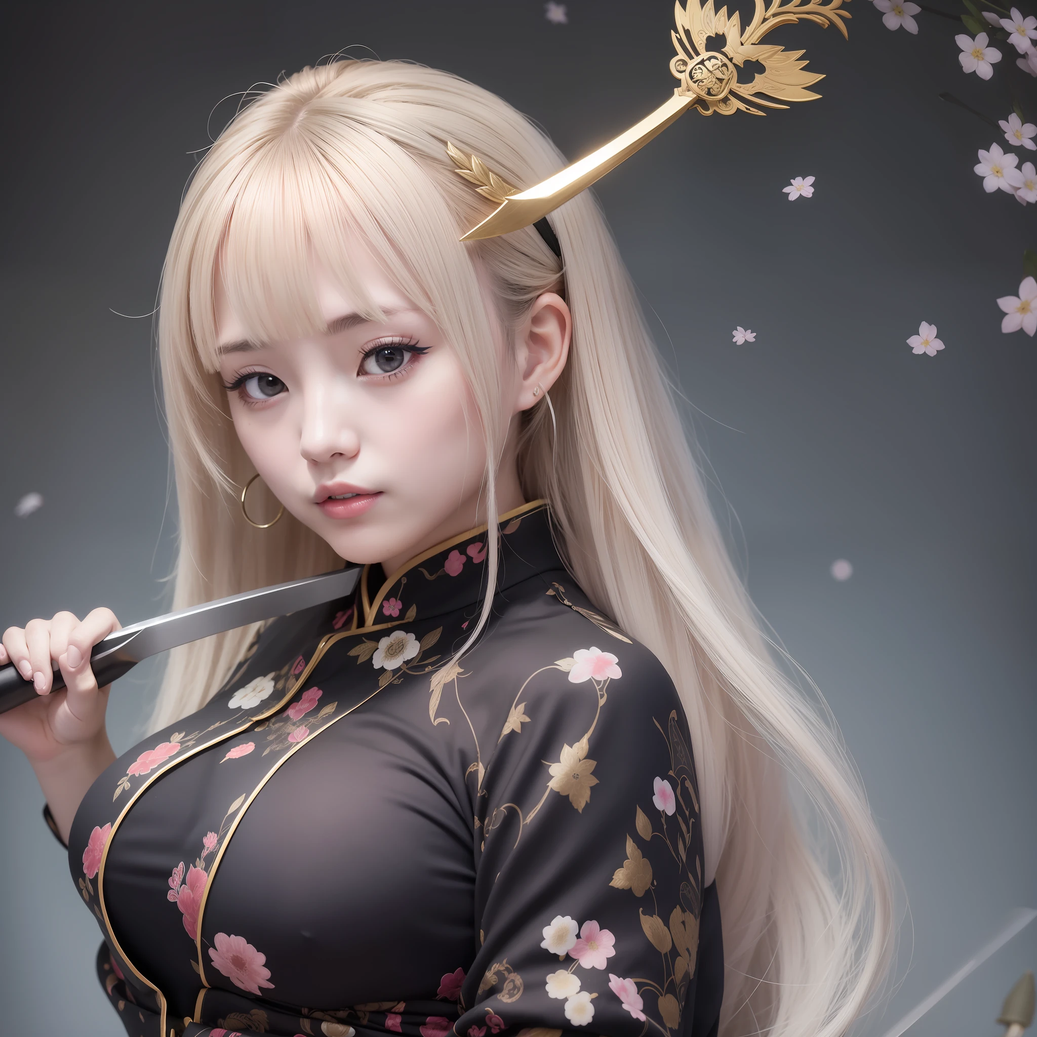 japanes、Colossal tits、Ninja attire cheongsam style、Black background、Holding a dagger、high-level image quality、Fantastical、loimu、A Japanese style、
