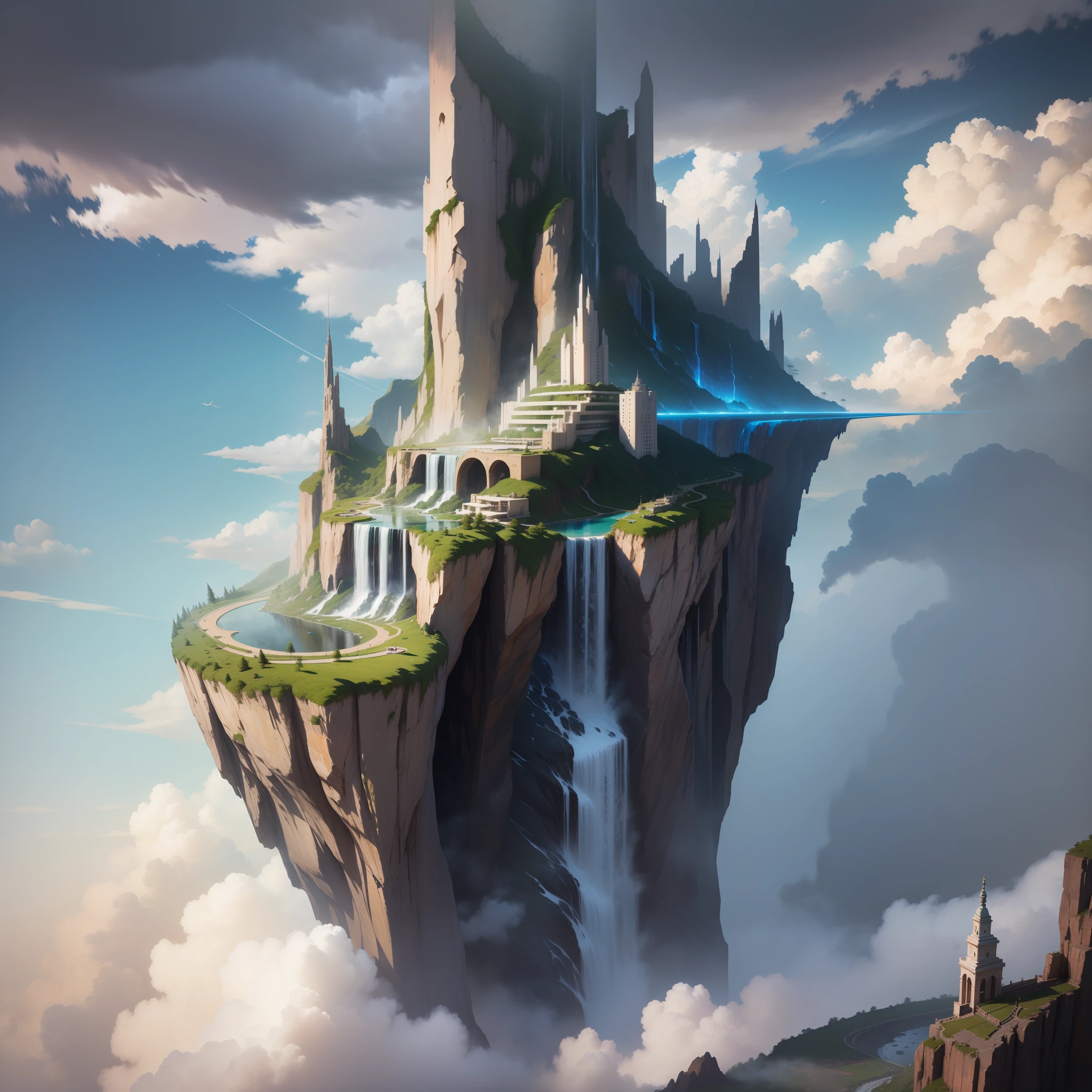 Huge city　Towering above the clouds　Fantasia　Sci-Fi Isekai　Super huge waterfall　top-quality　​masterpiece　超A high resolution　great outdoors
