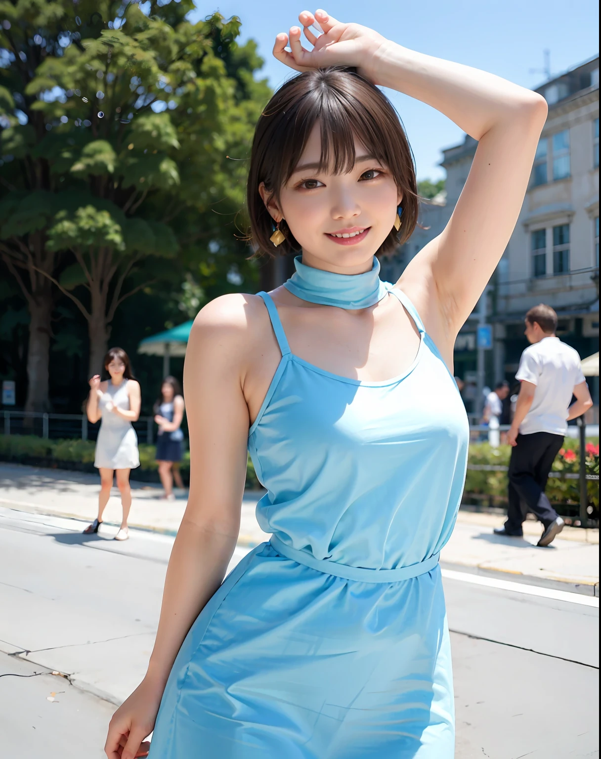 a woman posing on the street corner with light blue dress on, best quality, 1girl, large breasts, day, bright, blur background, bokeh, outdoor, (street:0.8), (people, crowds:1), (lace-trimmed dress:1.5, sleeveless dress, light blue clothes, light blue high-neck dress:1.2, blue dress: 1.5), gorgeous, (short hair, forehead:1.2), beautiful detailed sky, earrings, (dynamic pose:1.2), (upper body:0.8), soft lighting, wind, shiny skin, smile,
