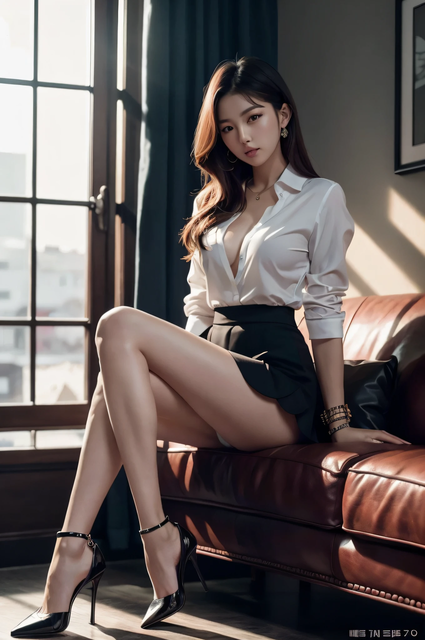Arafed woman sitting on a couch in high heels and a white shirt, Korean Girl, Sexy Stil, gorgeous young korean woman, koreanische frauenmode modell, beautiful south korean woman, Elegant seductive pose, Sexy girl, Sexy Look, photo of slim girl model, koreanische frau, beautiful young korean woman, sexy Pose, Smooth white tight dress suit, sehr sexy Outfit
