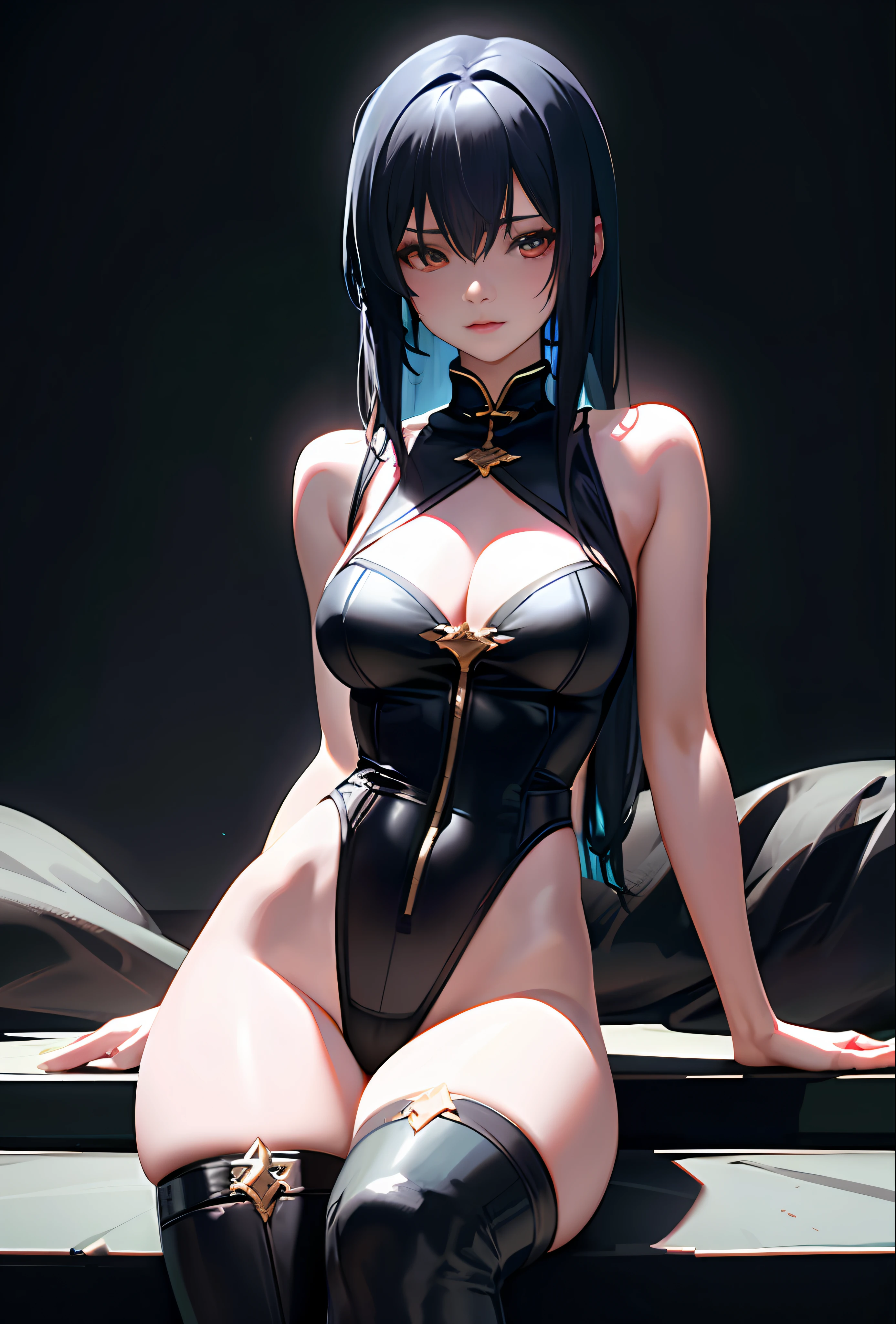 There was a scantily clad woman, Female character, full-body xianxia,Wear a transparent black open cassette，The top is open，revealing breasts。Does not cover the buttocks, Super detailed fantasy character wearing black suspender stockings,8 k character details, 3 D rendering character art 8 K, highly detailed character, Inspired by Ning Hongye, close up character, cinematic full character, From NCSOFT, Full character, Game CG, Adult girl in the north