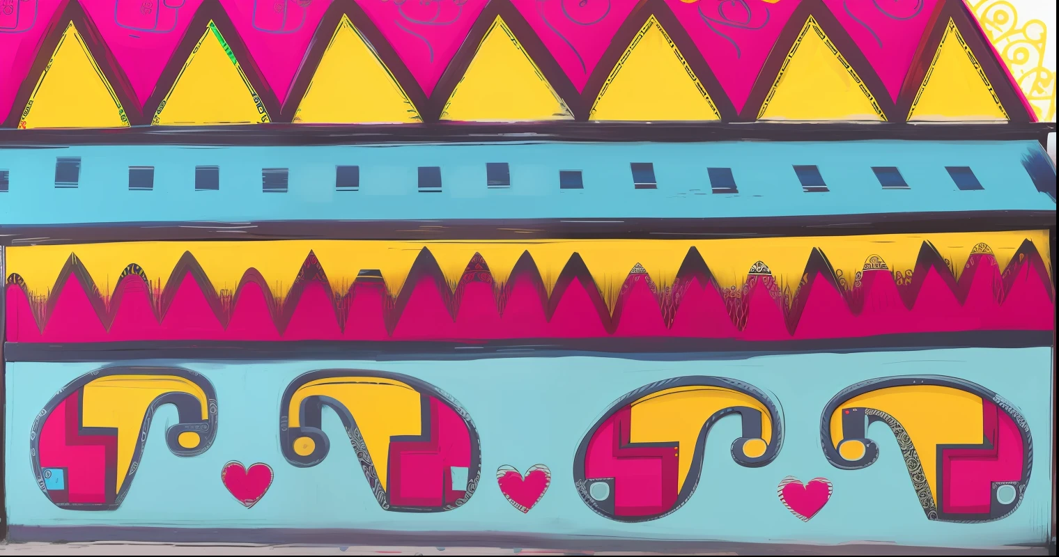 brightly colored drawing of a house with a red roof and yellow and red trim, neon madhubani, border pattern, indian patterns, ethnic, inspired by Adolf Wölfli, graphic detail, hippie motifs, stylized border, random detail, doodles, doodle, traditional folk art style, inside stylized border, neon yellow madhubani, detail on scene
