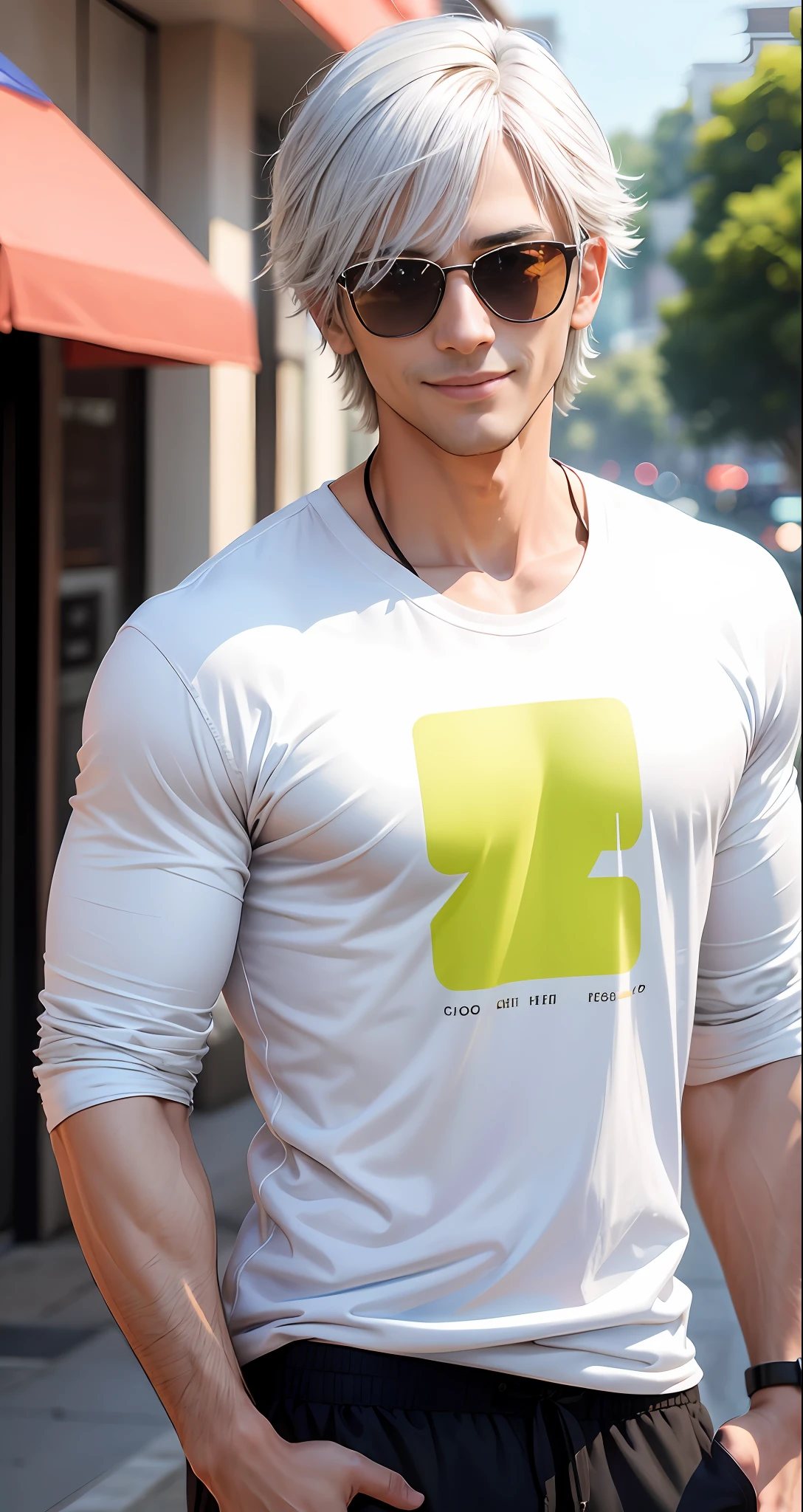 No beard、Man in his 30s wearing brightly colored sunglasses with high voice、Imagen. He has a lean physique, Wearing a white Y-shirt and sunglasses, Hairstyle is short、It is characterized by silver hair. His eyes are gentle and at the same time、His smile also conveys kindness. --auto