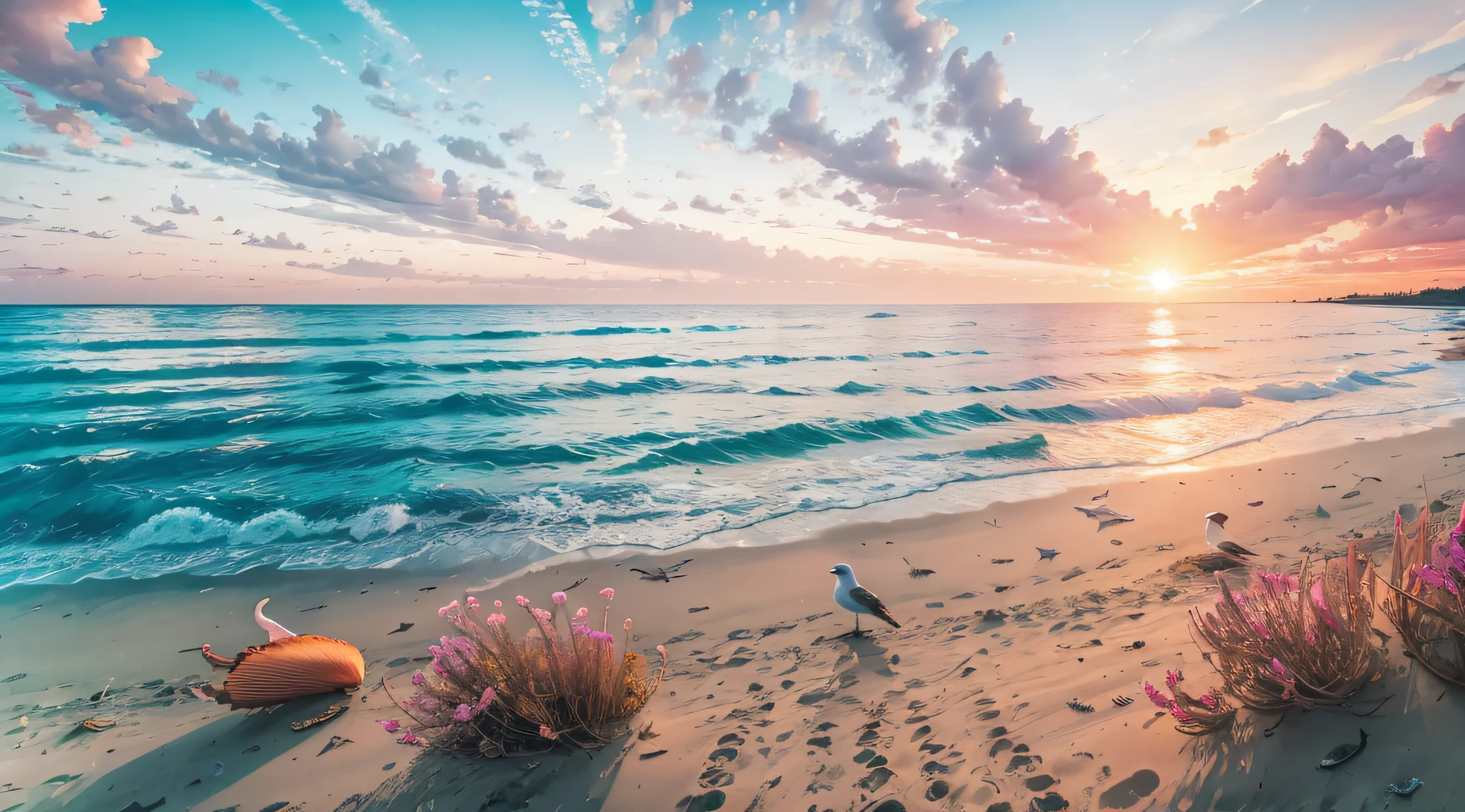 Sunset over the sea,There is a sandy beach,sea shell,Colorful trees,Burning clouds,seagulls,There is a small meadow in the middle of the sea,A small woods --auto
