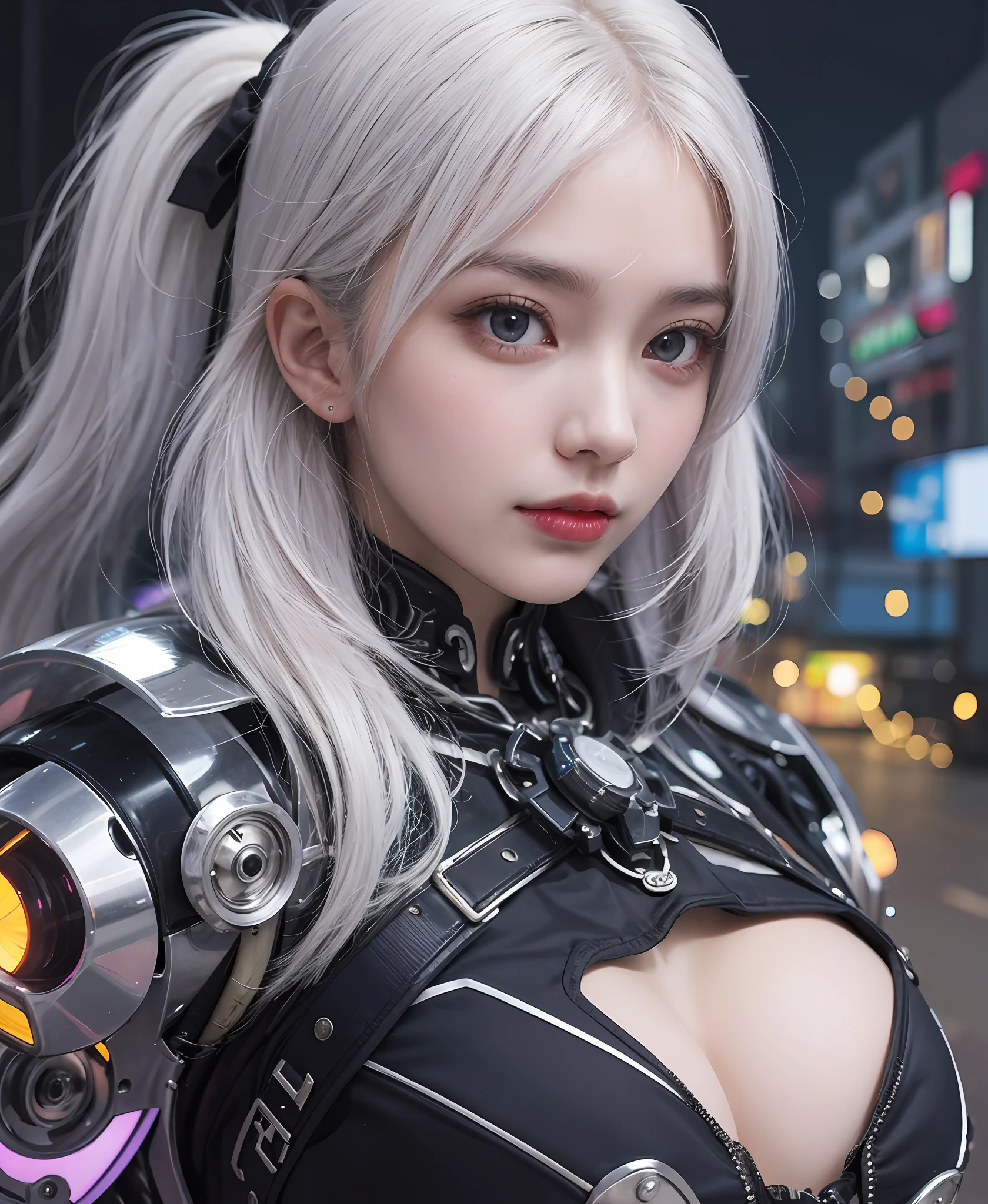 white  hair、long fluttering hair、strong breeze、a purple eye、Luminous eyes、Steampunk Girl、Colossal tits、The face and chest are alive、Cleavage is visible。photoRealstic、portfolio、Evangelion-style metal mecha suit、Combat cyborg、Gothloli details、Metallic、detailed mechanical components、Bundle of thin tubes、Metal cylinder、Detailed neon、Fine LED、Fine parts