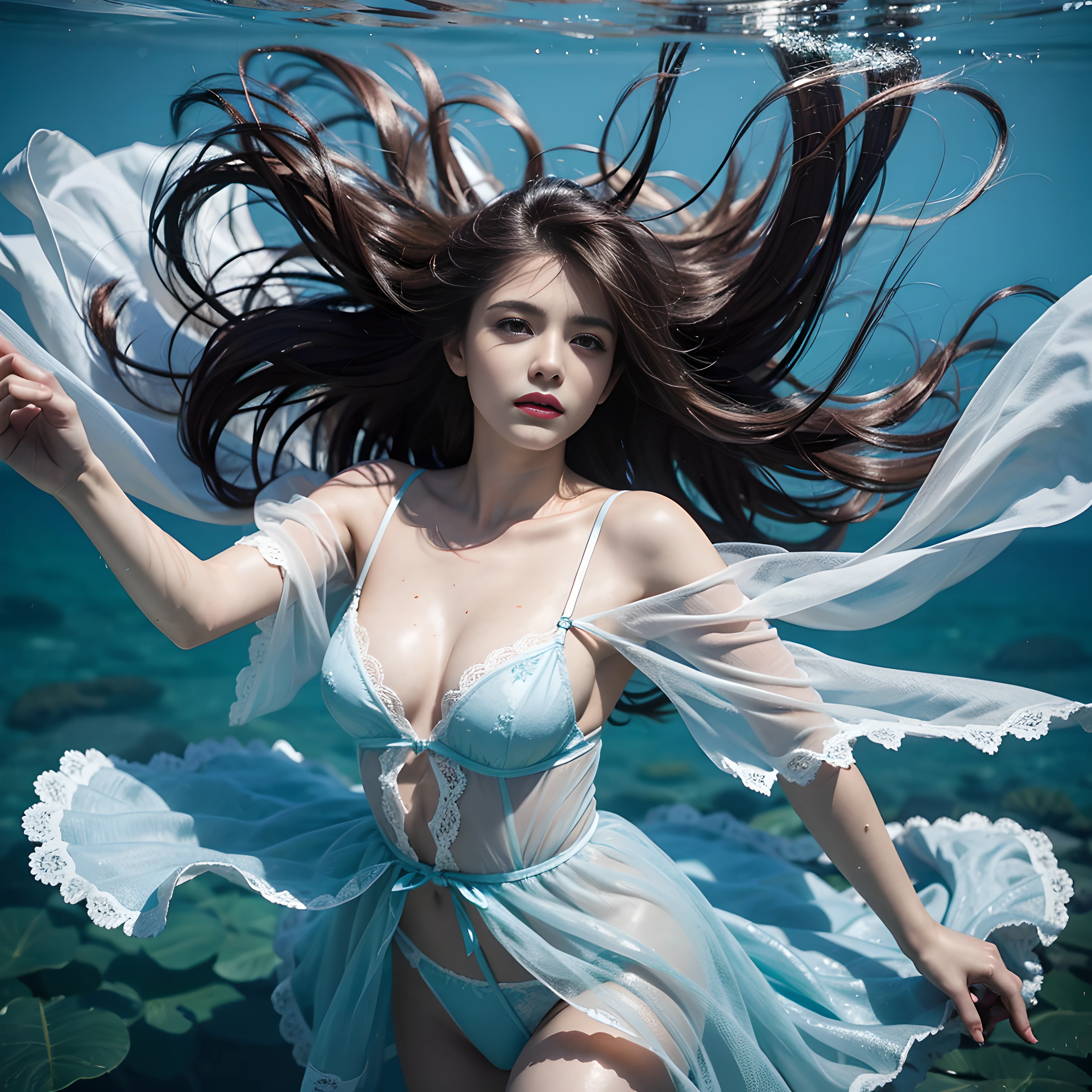 Top Quality,1girll,Long hair,beautifull face,She is in deep water in light blue silk lace lingerie,Solo,Flying Dress,hair blowing in the wind,hotel,