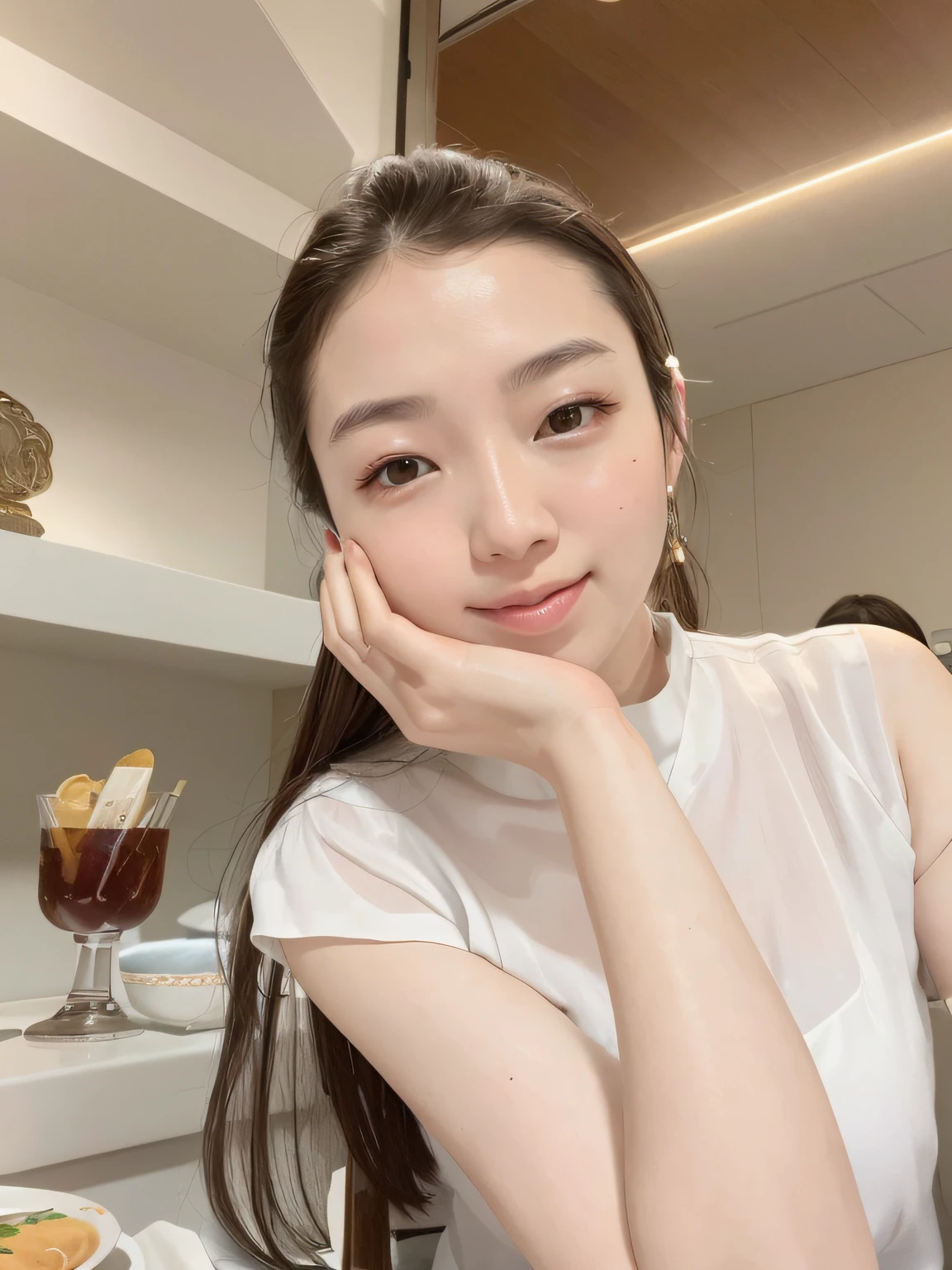 There was a woman sitting at the table,Carrying a plate of food, gongbi, wenfei ye, 8k selfie photograph, xintong chen, young cute wan asian face, Choi Hyun-hwa, Gemma Chen, selfie of a young woman, young lovely Korean faces, face with artgram, nomake-up, wan adorable korean face, jaeyeon nam