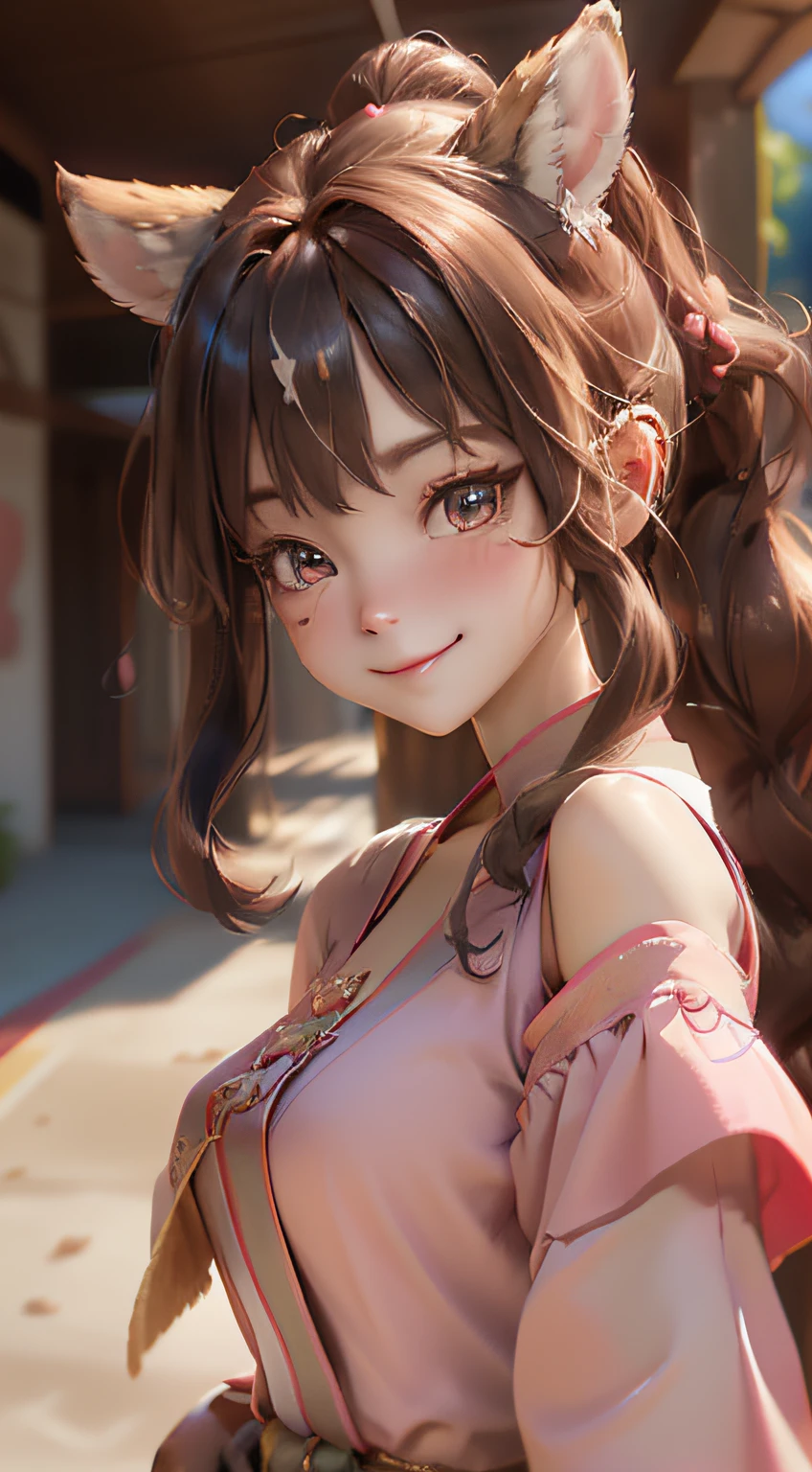 brunette color hair, Hair bobble, wince, long eyelasher, Solid round eyes, fakeanimalears, Light smile, Blushing ears, fang, ultra-realistic realism, shadowing, stereograms, tachi-e, pov, atmosphric perspective, 8k, super detailing, ccurate, best qualtiy, tmasterpiece,realisticlying