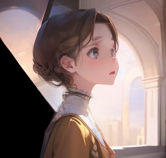 brown hair,Brown tunic,HighestQuali,Dramatic lighting,best qualtiy,cute female child,Realistic portrait,Look at the camera with a surprised expression