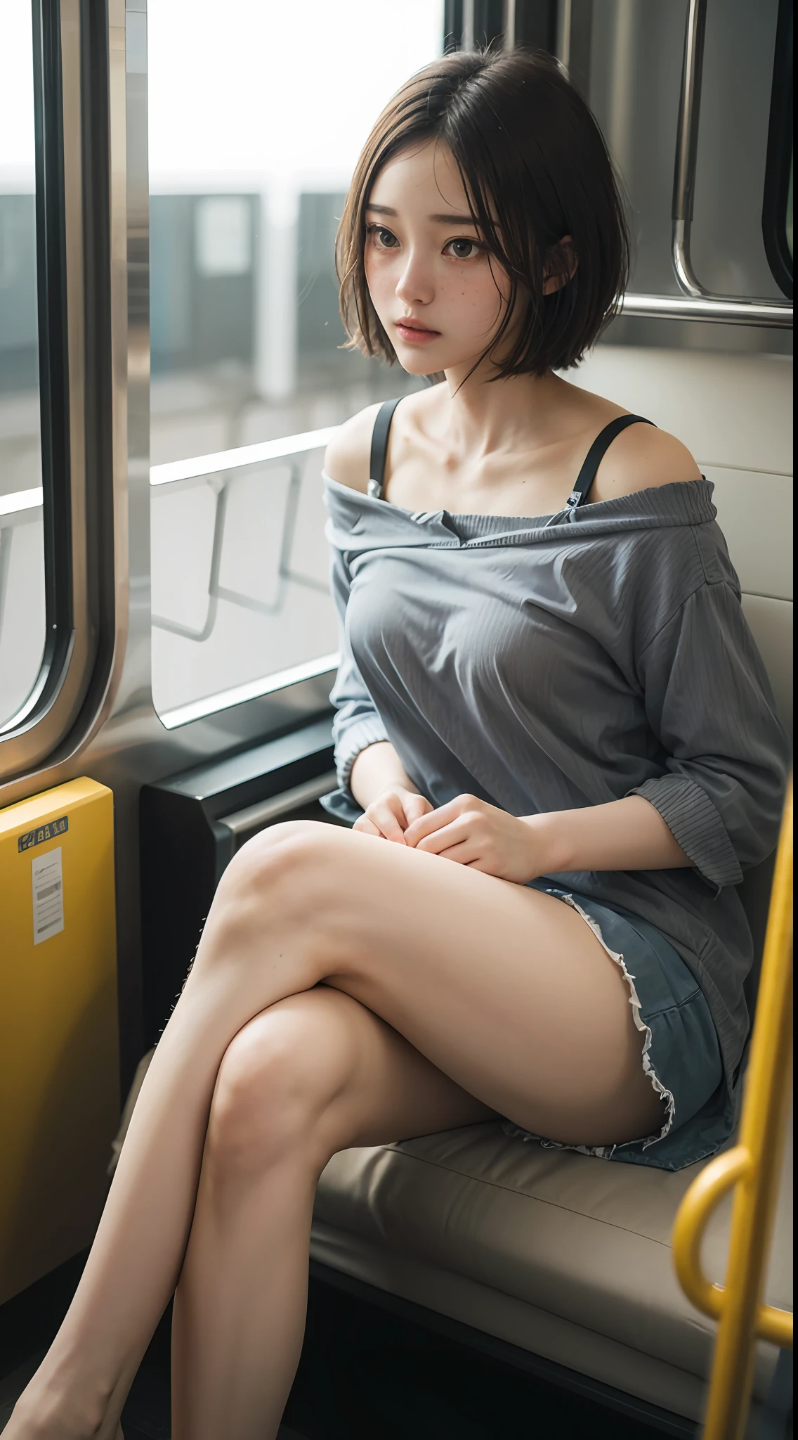raw photo, inside train, sitting, pale skin, delicate face, short hair, freckles, skinny body, casual street wear, crossed legs, wavy clothes, best quality, 16k, masterpiece