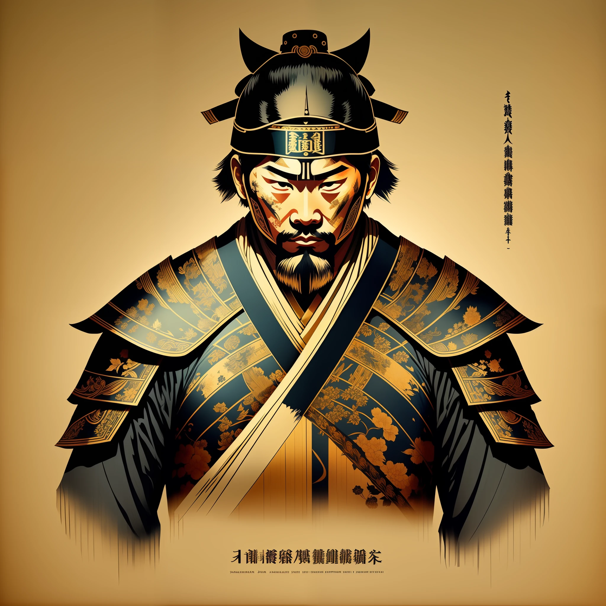 1 boy is samurai, samurai armor is design print, hanging scroll with a phrase of resignation background, extremely high quality,