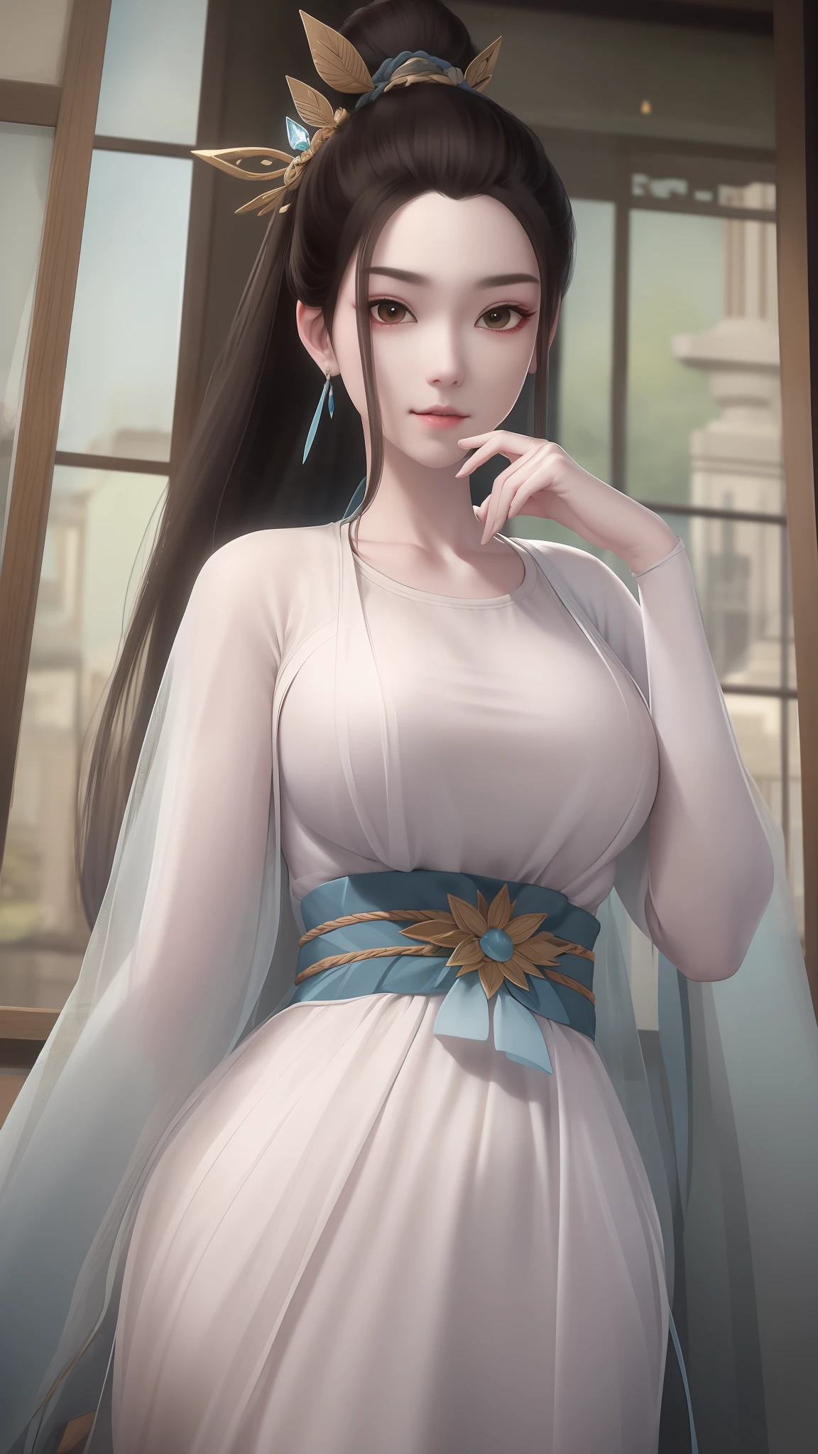 painting masterpiece，paint quality tag，super ultra detail，HD 8K wallpaper，Pure blue and white，Quaint，Pure，Sweet，Plainclothes in the palace，Natural movement control，Crystal glowing eyes，Refined face，Outstanding attention to detail，full bodyesbian