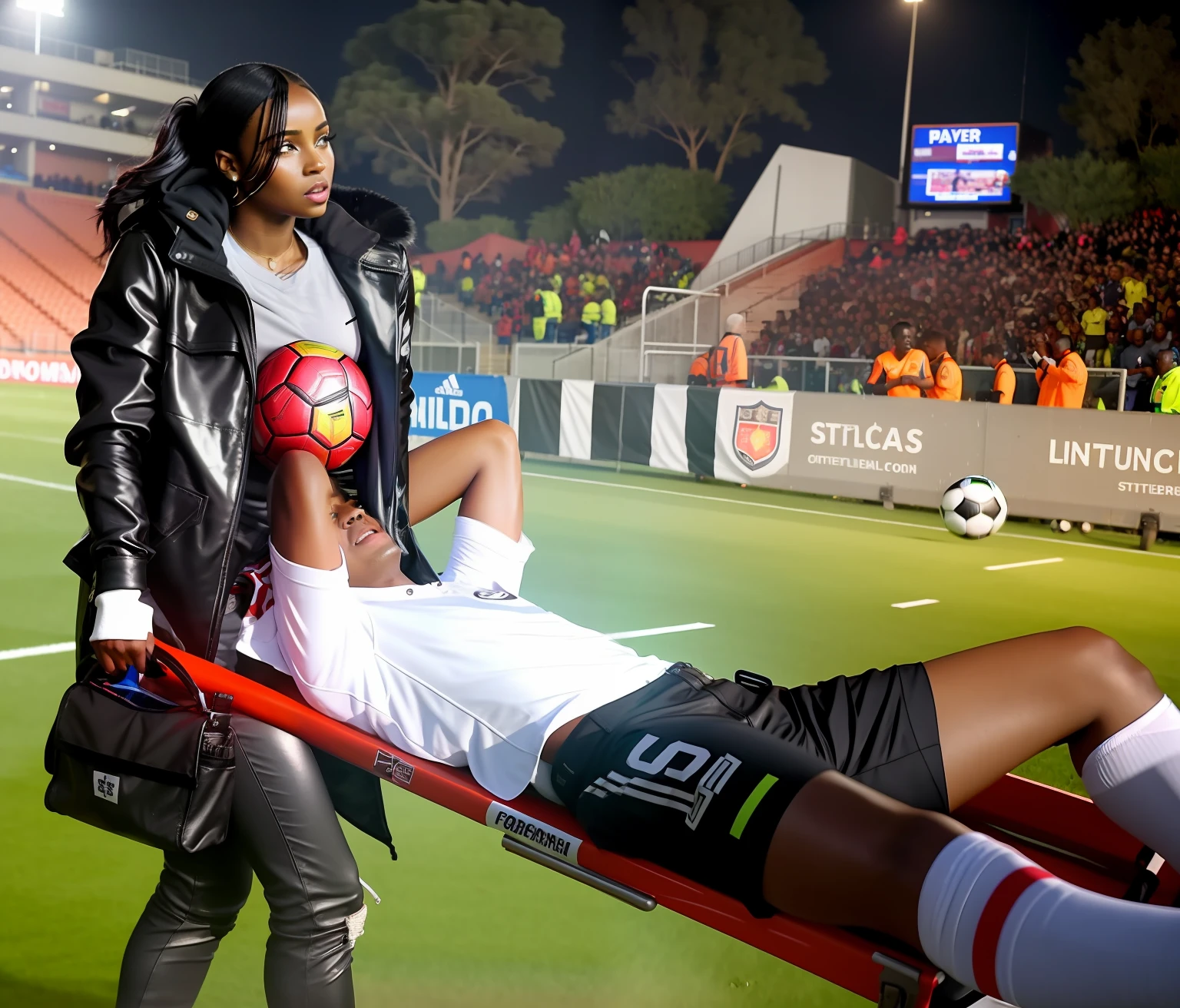 soccer, sports injury, thatralic erotic action, intense erotoc scene, erotic pose, a love scene, interracial loving action, erotic, an injured soccer-boy in matte cotton sportswear is rearing up in pain on a stretcher, an injured soccer-boy in matte cotton sportswear is rearing up in pain on a stretcher that is carried by his african girlfriend, there is an attractive african girl in a deep black high-shine biker-jacket, a terrified but attractive african girl is evacuating her injured soccer-boyfriend from a soccer field, an injured soccer-boy in matte cotton sportswear is rearing up in pain on a stretcher while he is evacuated from the field of play by his very attractive african girlfriend, an injured soccer-boy is crying in pain, an attractive african girl in a wet deep black shiny plastic-jacket is giving first aid, dramatic action scene, first aid, injury, pain, agony, helping woman, woman carrying a man, an attractive african girl in a black shiny biker- jacket, an attractive african girl in a wetlook shiny patent-leather-biker-jacket with lipstick and madeup smokey eyes, a consciousless german boy in a cotton shirt and a matte jeans, an attractive african girl with lots of makeup in a very shiny wet black biker-jacket, an attractive african girl is wearing a shiny bikerjacket, an attractive african girl with smokey eyes, an attractive madeup girl in shiny leather with lipstick, an attractiveafrican girl is carrying a german boy in her arms, a matte clothed injured boy, a shorthaired boy with cotton t-shirt, a shorthaired boy needs to be carried while wearing matte sportswear