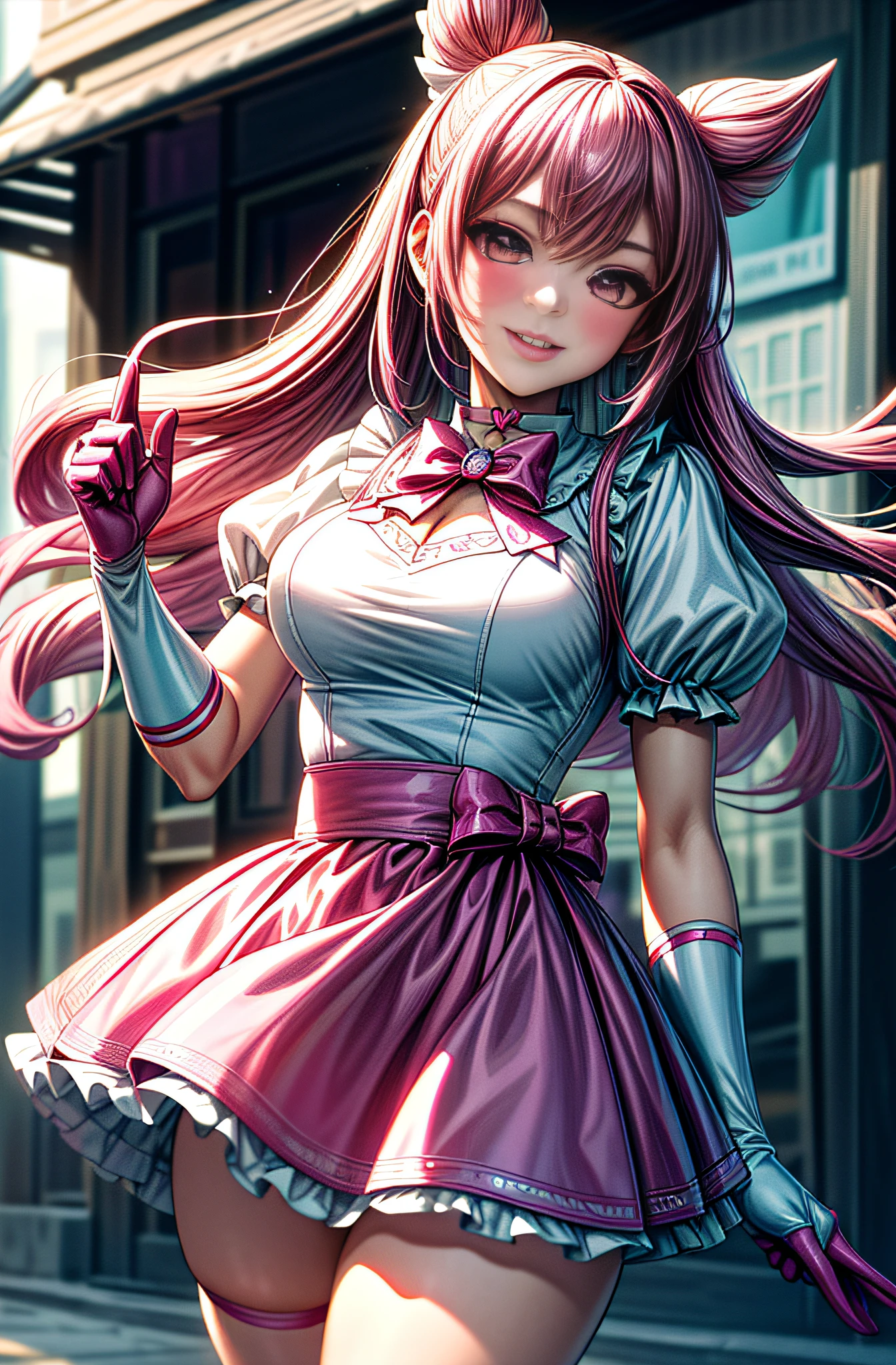 (Masterpiece,Best Quality, Detailed), 1girl, 独奏, Cowboy shot, exteriors, Street, Smile, parted lips, em,
magical girl, pink gloves, pink skirt, hair ornament, Pink Bow, white choker, red ribbon, Heart-shaped neckline, brooch, White Thighs, puffy sleeves, faye valentine,