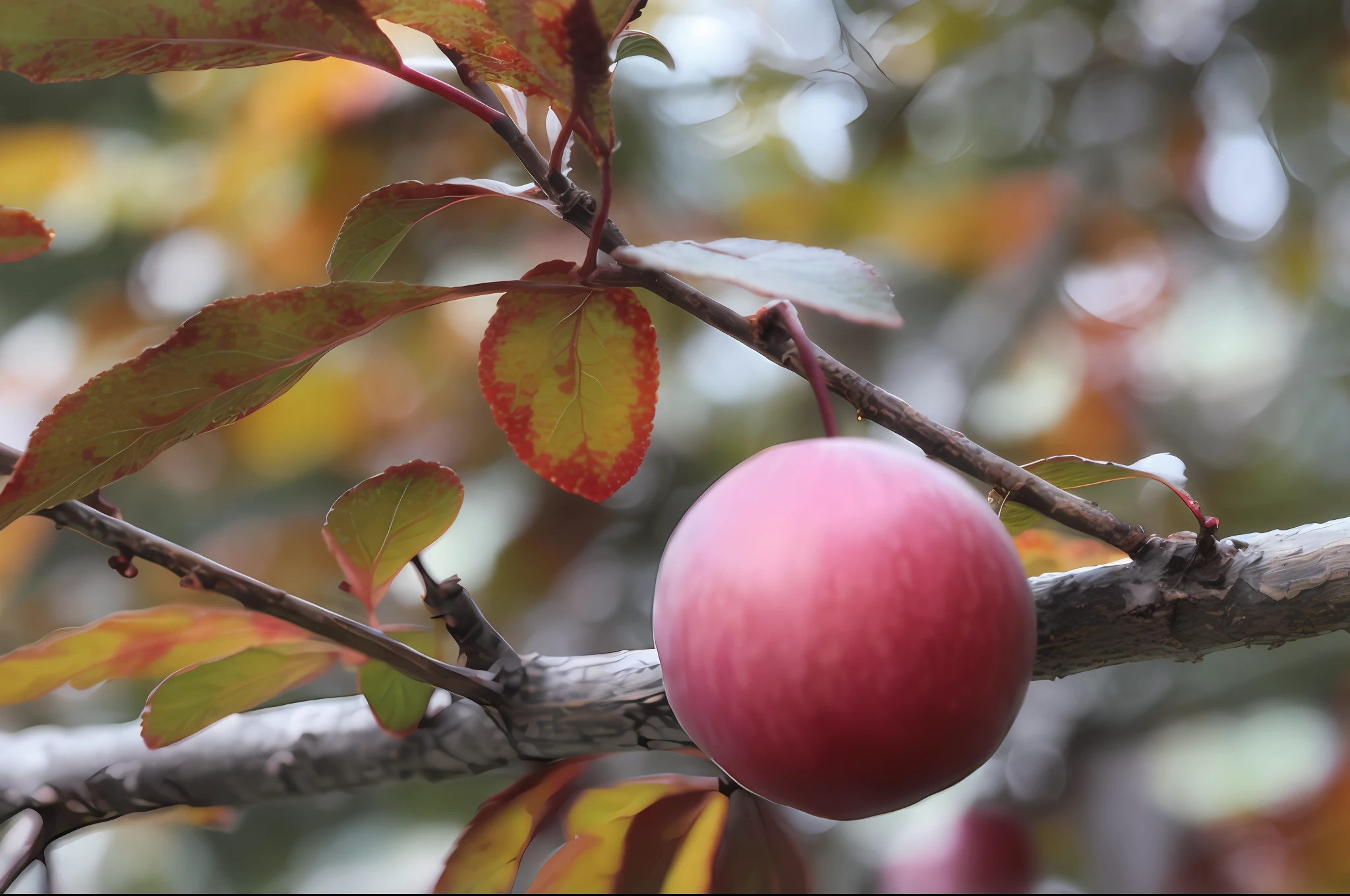 (Taken in the autumn sun)The branches are coiled,Hung with pink fruits,red apple,Multi-variety fruit trees,Summer Pramba,Or Manuka,The material was very appreciated!!! plum!!!,An inconspicuous apple,It holds great meaning,Still photography shows a fruitful feast,It shows red skin, green skin, or yellow skin,Otum Camera Version 3 captures this beautiful moment,Works with Canon 80D or Nikon cameras,Capture the most perfect fruit,The apple tree in the portrait,Warm tones of late summer and early autumn,Experience the feast of autumn light in a new way。