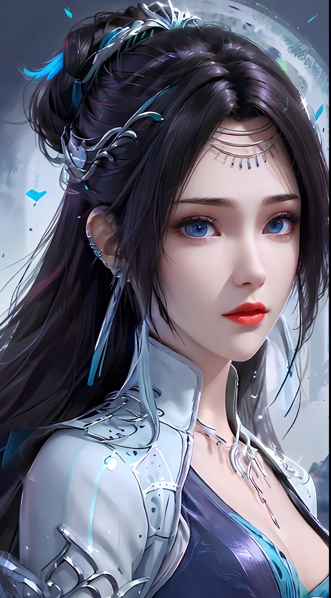 1 hot sexy beautiful girl in blue hanfu silk blouse, blue silk top with white pattern, white lace trim, purple black long ponytail, blue aura on the girl's back, hair jewelry, ear jewelry, necklace and necklace, big blue eyes meticulously made up, thin eyebrows, extremely detailed and sharp eye makeup, high nose, pretty red lips, no smile, pursed lips, rosy cheeks, enlarged breasts, large breasts, well-proportioned breasts, slim waist, blue mesh socks, wide sleeves, (2 straight arms: 1.7), Chinese hanfu style, art motifs fantasy, vivid and true colors, RAW photos, realistic photos, ultra-high quality 8k surreal photos, (wonderful lighting effects: 1.8), 10x pixels, magic effects (background): 1.8) , super detailed eyes, upper body girl, girl portrait, alone girl, hanfu historical background,