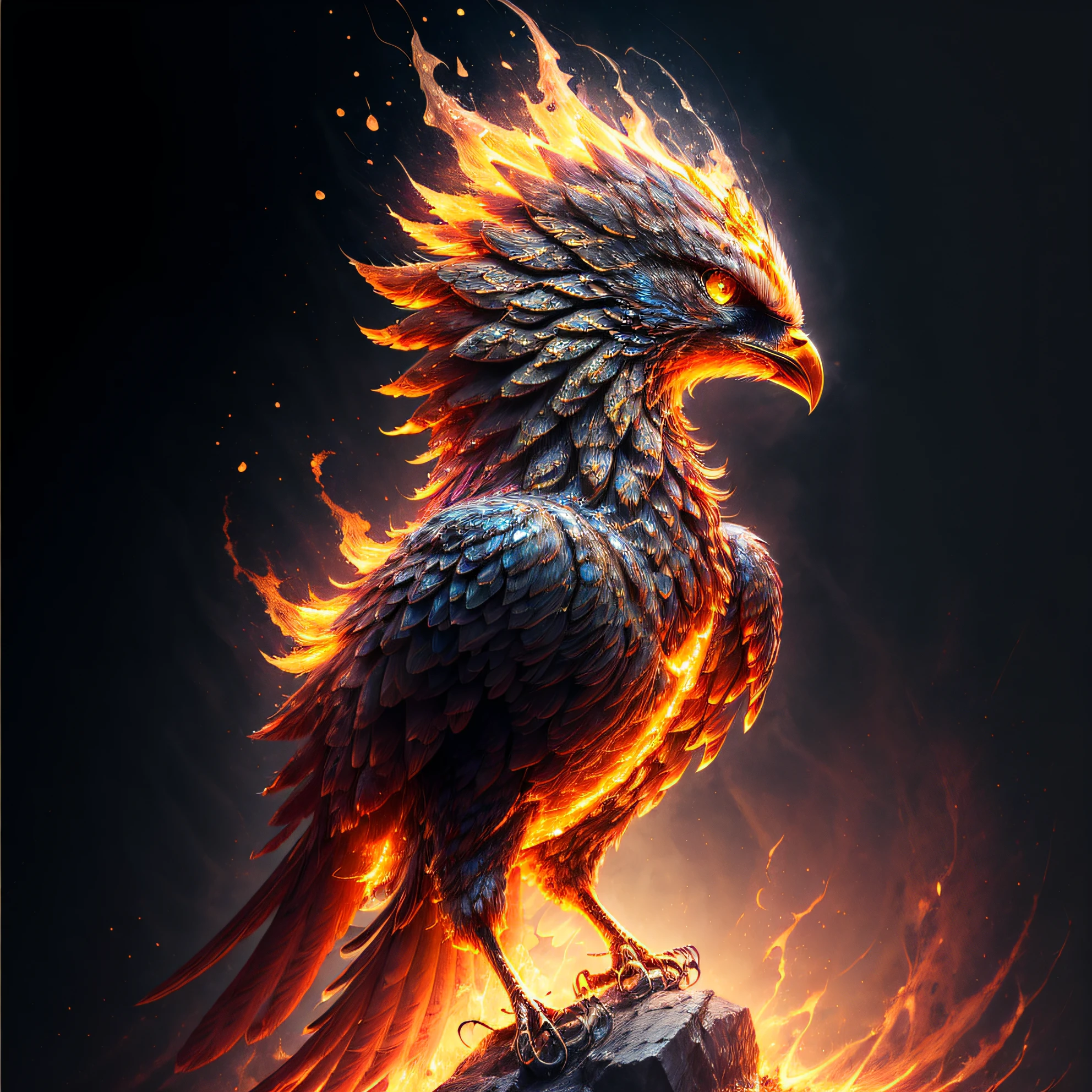 phoenix, masterpiece, best quality, solo, full body, yellow eyes, wings, no humans, glowing, bird, fire, animal focus, beak, hyper detailed, insanely detailed