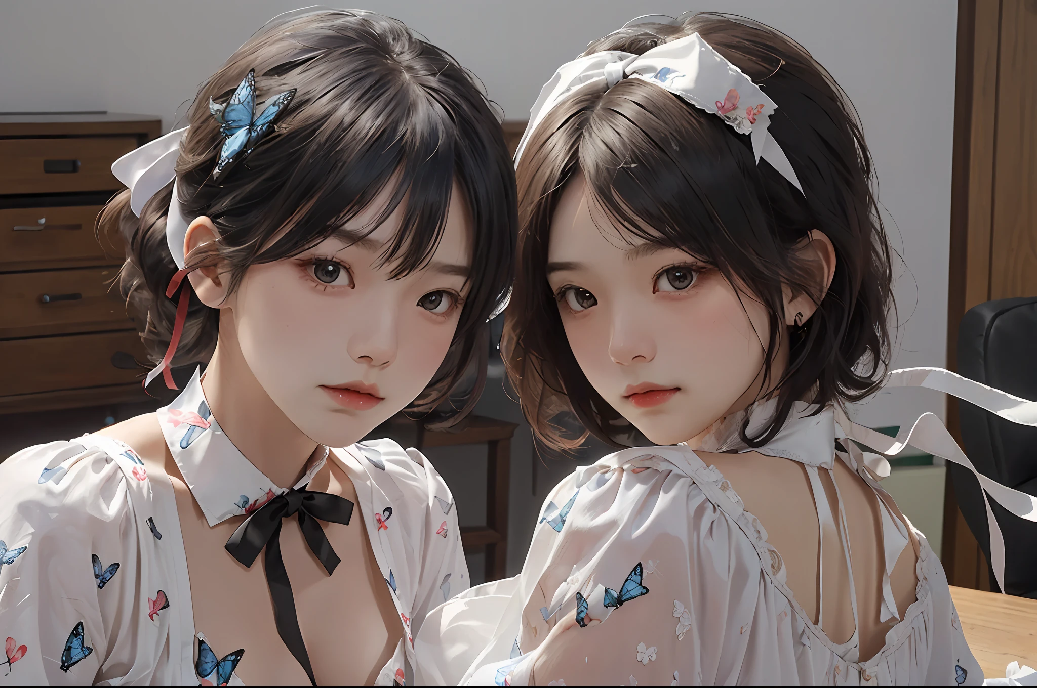 top-quality、​masterpiece、超A high resolution、(Photorealsitic:1.4)、1girl in、enticing、looking in camera、(((shorth hair)))、(((Large ribbon)))、((Ribbon like a butterfly))、Inside the office