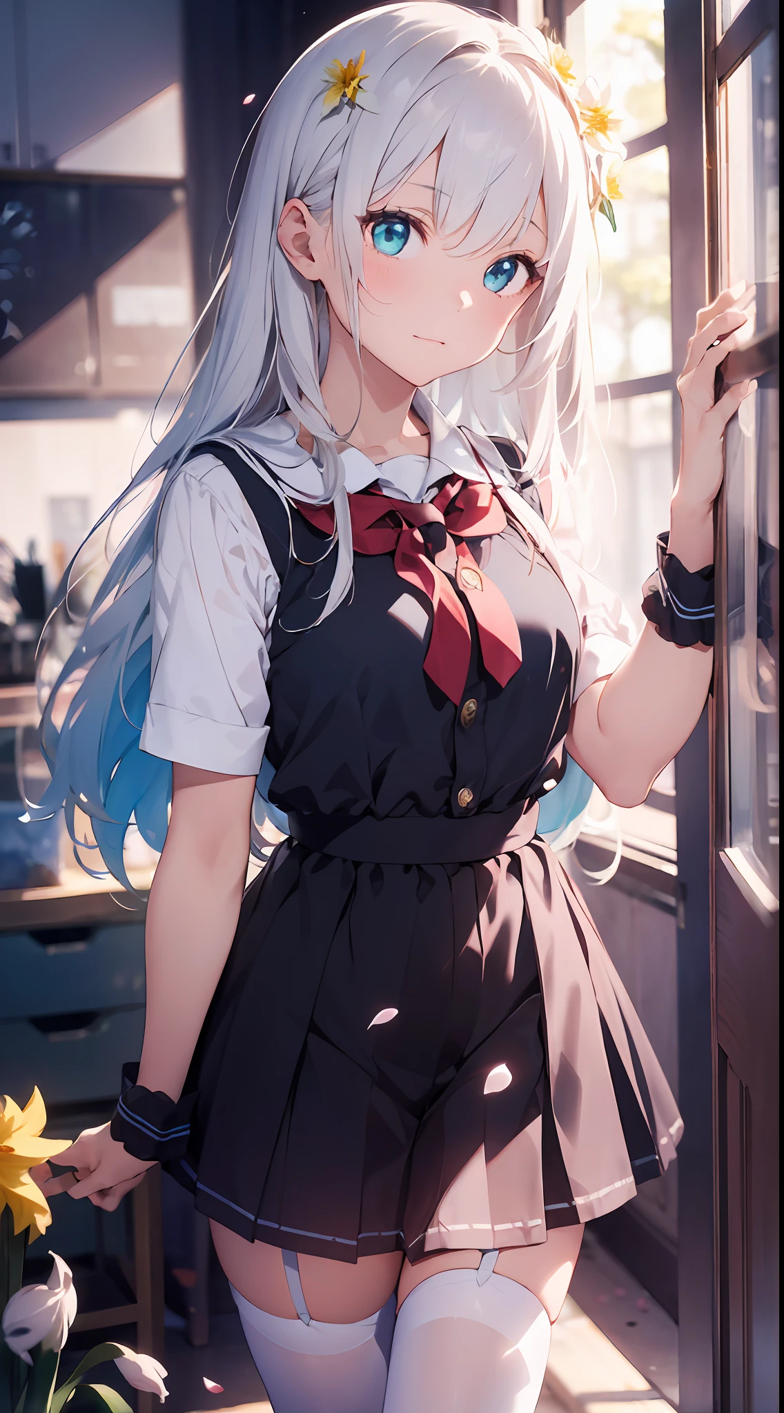 1girl, beautiful detailed eyes, long white hair, light aqua eyes, school uniform, high white stocking, vivid, flower, daffodil, hyacinth, falling petals, , high contrast, ((masterpiece, best quality)), cinematic light, cinematic composition
