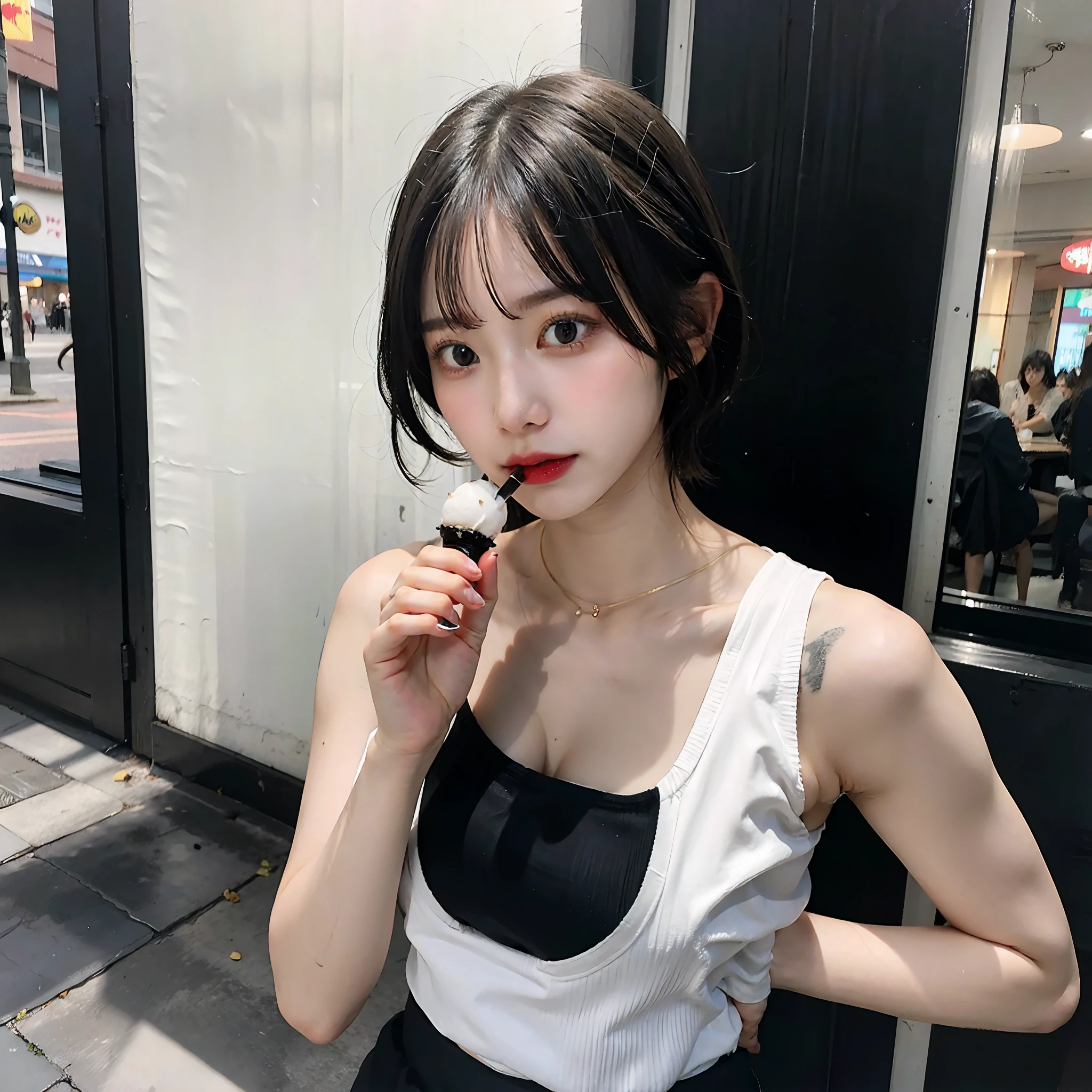 "a beautiful tomboy girl with a white tank top and black panties eats an ice cream with her short hair styled in a full-body shot that emphasizes her big breasts."