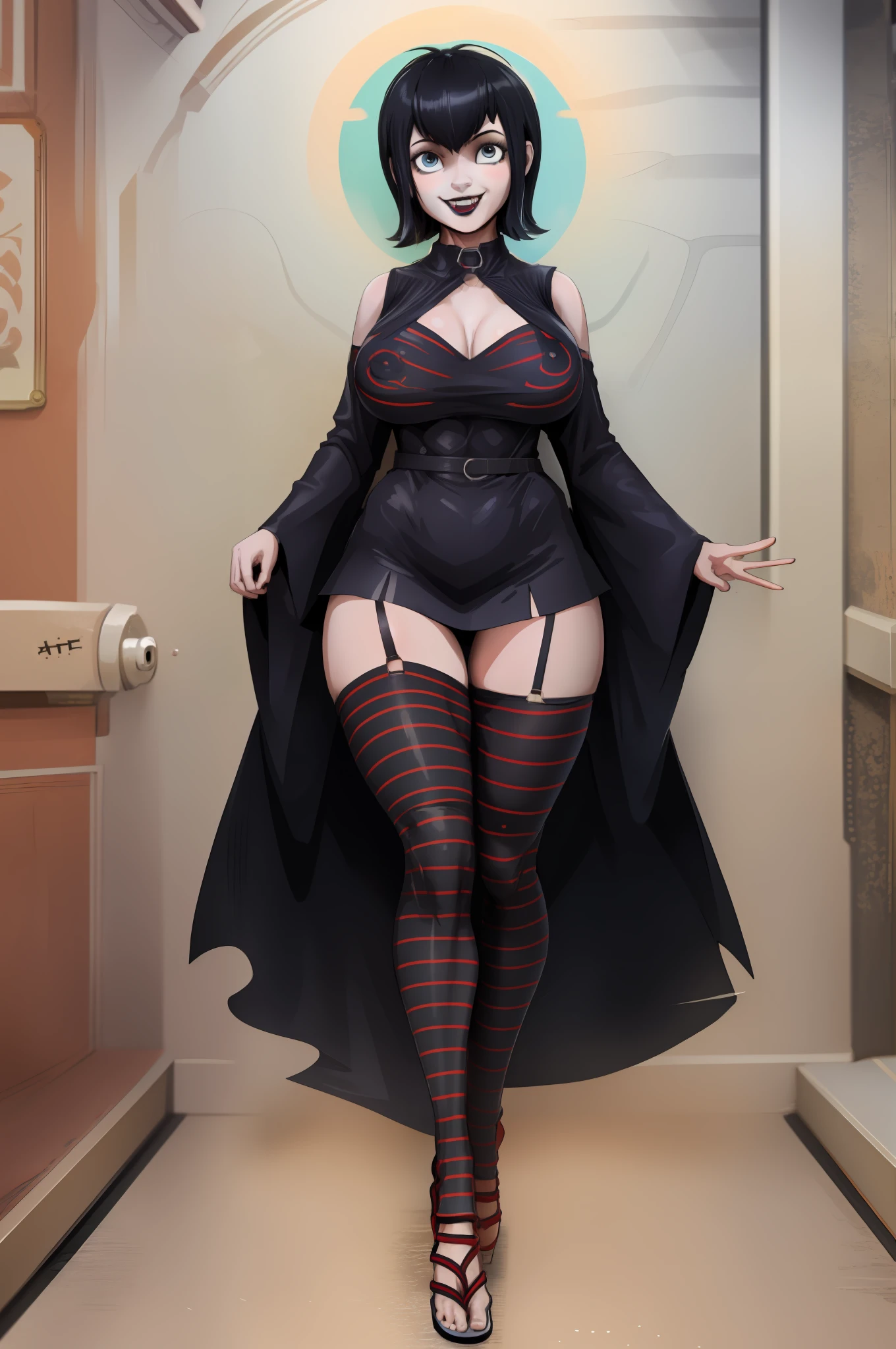 Mavis_dracula, full body, pantyhose, huge breast, pants, goth, long dress, black hair, flip flips, smile, long robe, skirt, victorian clothing