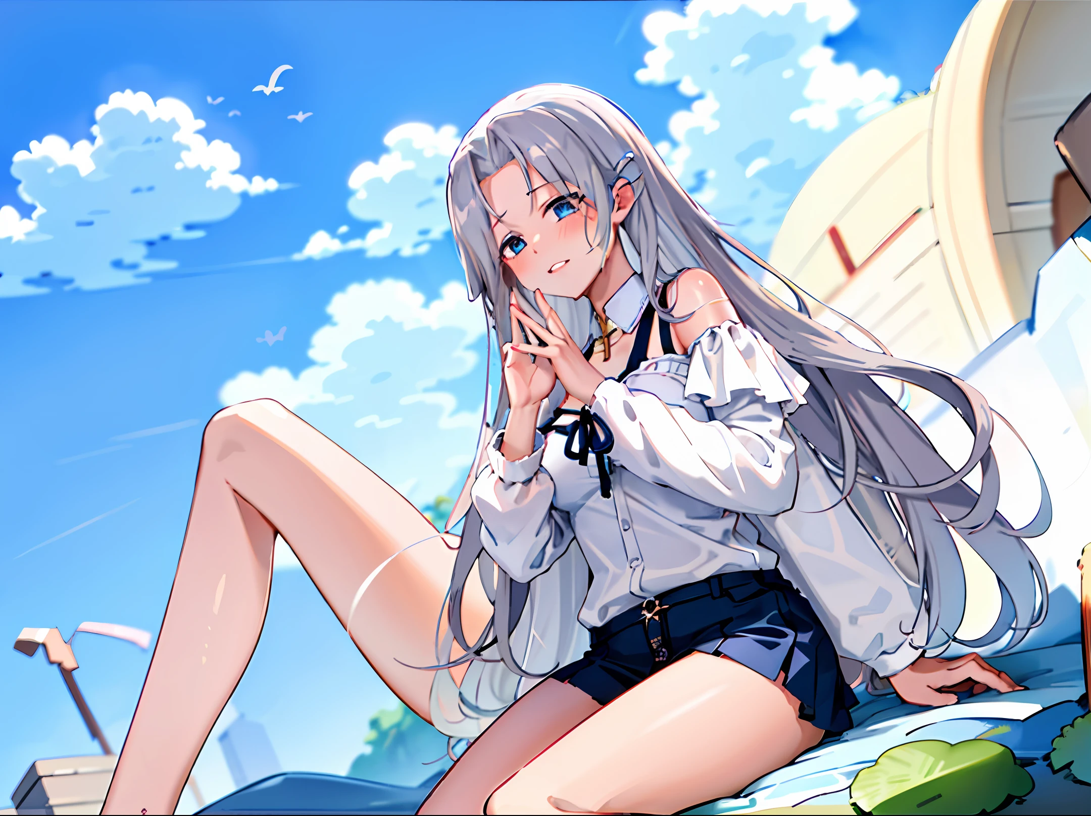 loli gray hair best quality anime blue sky white clouds