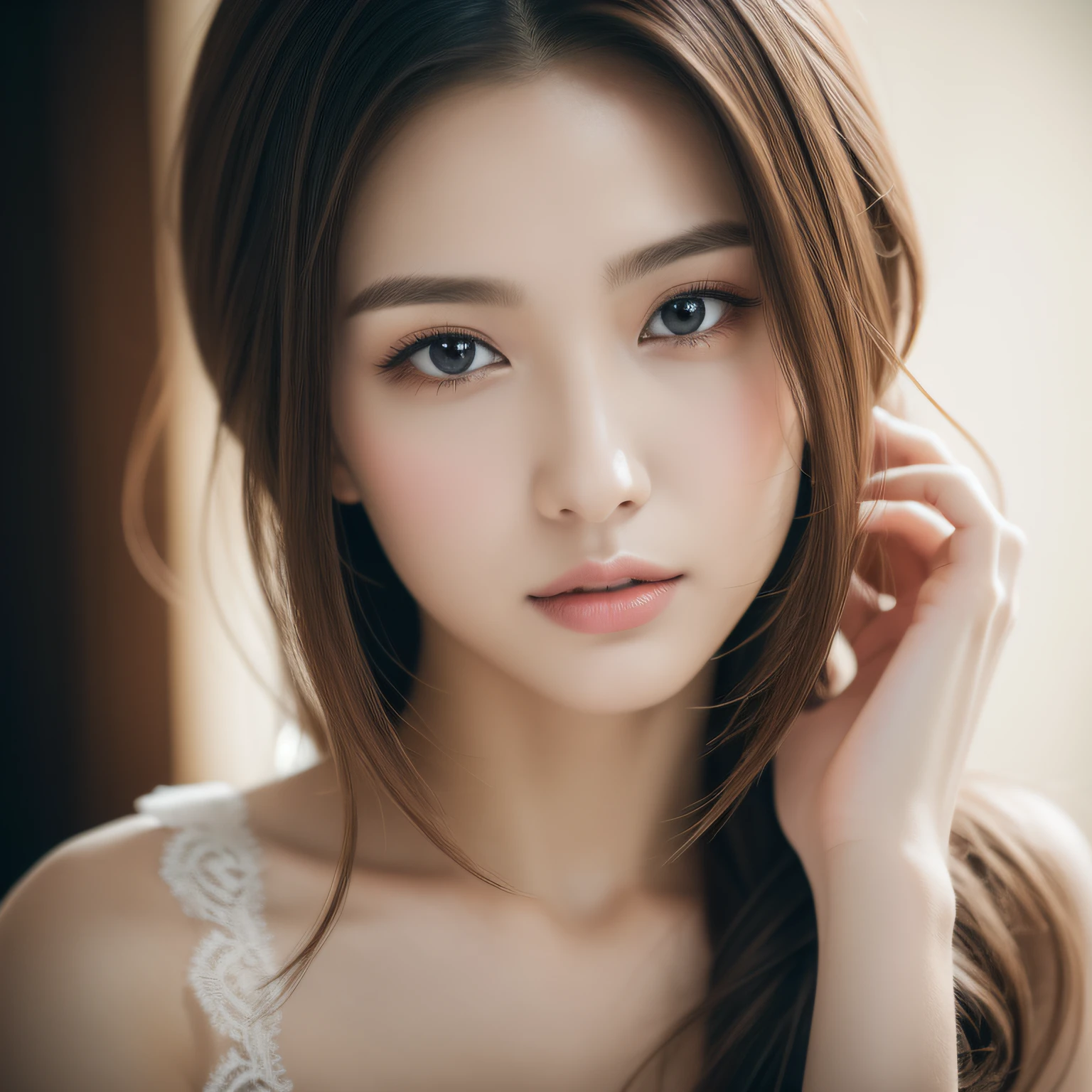 (goddess-like happiness:1.2), Kpop idol, floating hairs, brown eyes, (RAW photo:1.2), (photorealistic:1.4), (masterpiece:1.3), (intricate details:1.2), beautiful detailed, (detailed eyes), (detailed facial features), (25 years old female), petite, small breasts, narrow waist, (looking_at_viewer:1.4), from_front, slim_legs, (best quality:1.4), (ultra highres:1.2), cinema light, outdoors, (extreme detailed illustration), (lipgloss, eyelashes, best quality, ultra highres, depth of field, caustics, Broad lighting, natural shading, 85mm, f/1.4, ISO 200, 1/160s:0.75), (RAW photo, best quality), (realistic, photo-realistic:1.3), best quality ,masterpiece, an extremely delicate and beautiful, extremely detailed ,CG ,unity ,8k wallpaper, Amazing, finely detail, masterpiece, best quality, extremely detailed CG unity 8k wallpaper, absurdres, incredibly absurdres, huge filesize , ultra-detailed, highres, extremely detailed, pureerosface_v1, beautiful detailed girl, extremely detailed eyes and face, beautiful detailed eyes, light on face, looking at viewer, straight-on, staring, collarbone, bare shoulders, longeyelashes, lace ,lace trim,
