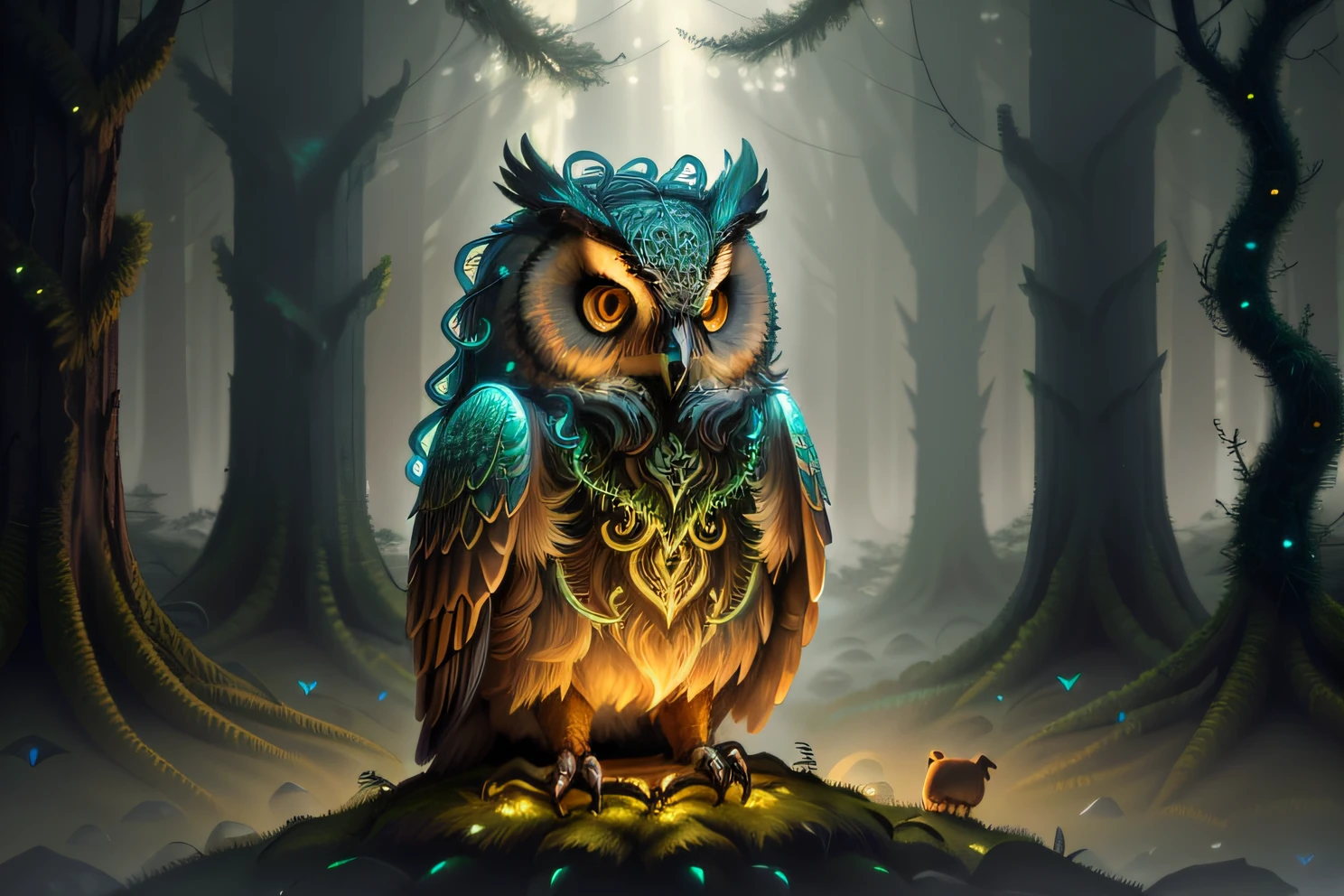 photo of a creature, monster, magic-fantasy-forest, digital art, most amazing artwork in the world, ((no humans)),volumetric light, soft balanced colours, forest scenery, vines, uhd, 8k octane render, magical, amazing, ethereal, intricate, intricate design, ultra sharp, shadows, cooler colors, trending on cgsociety, glowing eyes, ((best quality)), ((masterpiece)), (detailed), owl