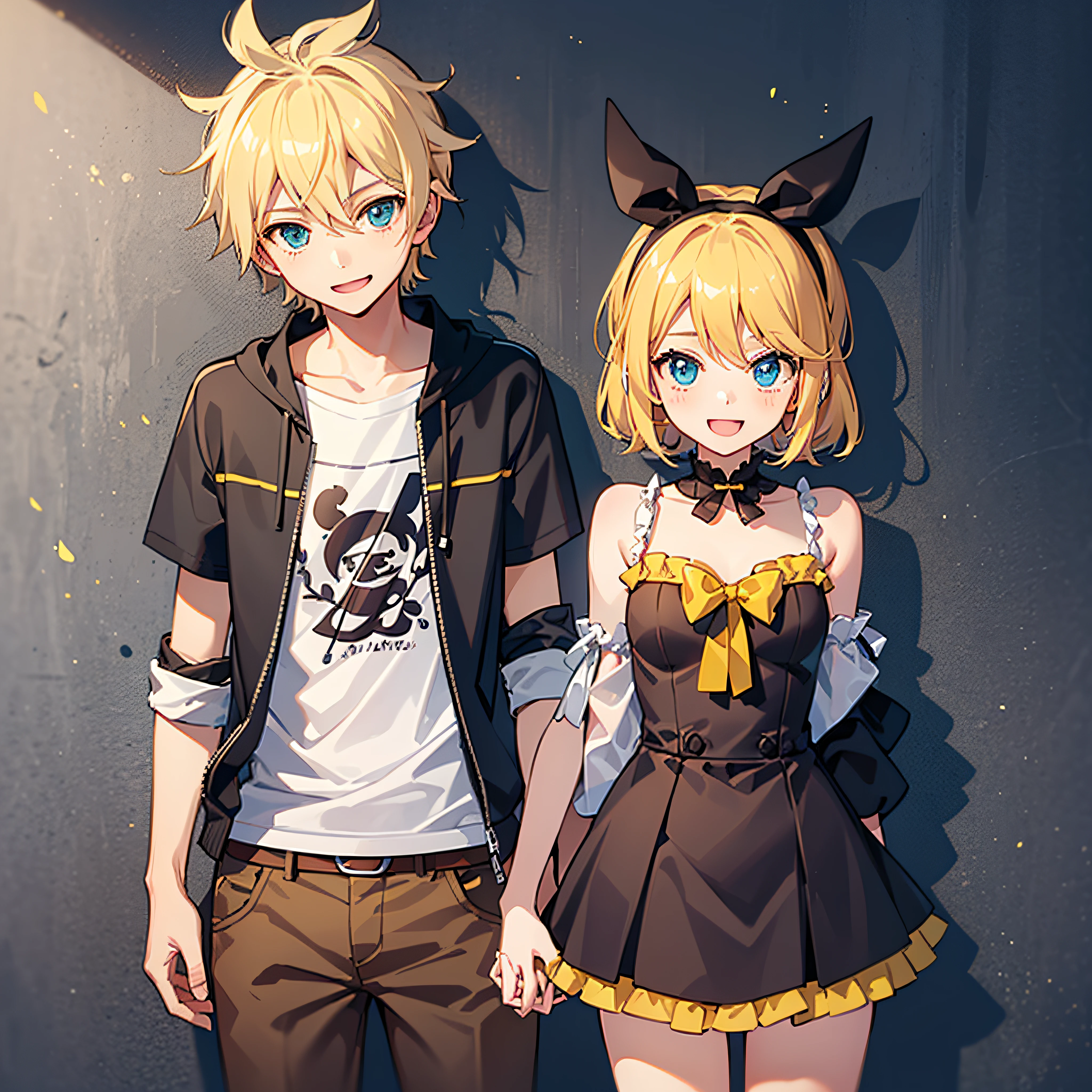 best quality, ultra precision, two person, one boy and one girl, (a boy is Len_Kagamine), (a girl is Rin_Kagamine), couple, love each other, blond hair, cute, childish, smiles, cute boy, shota