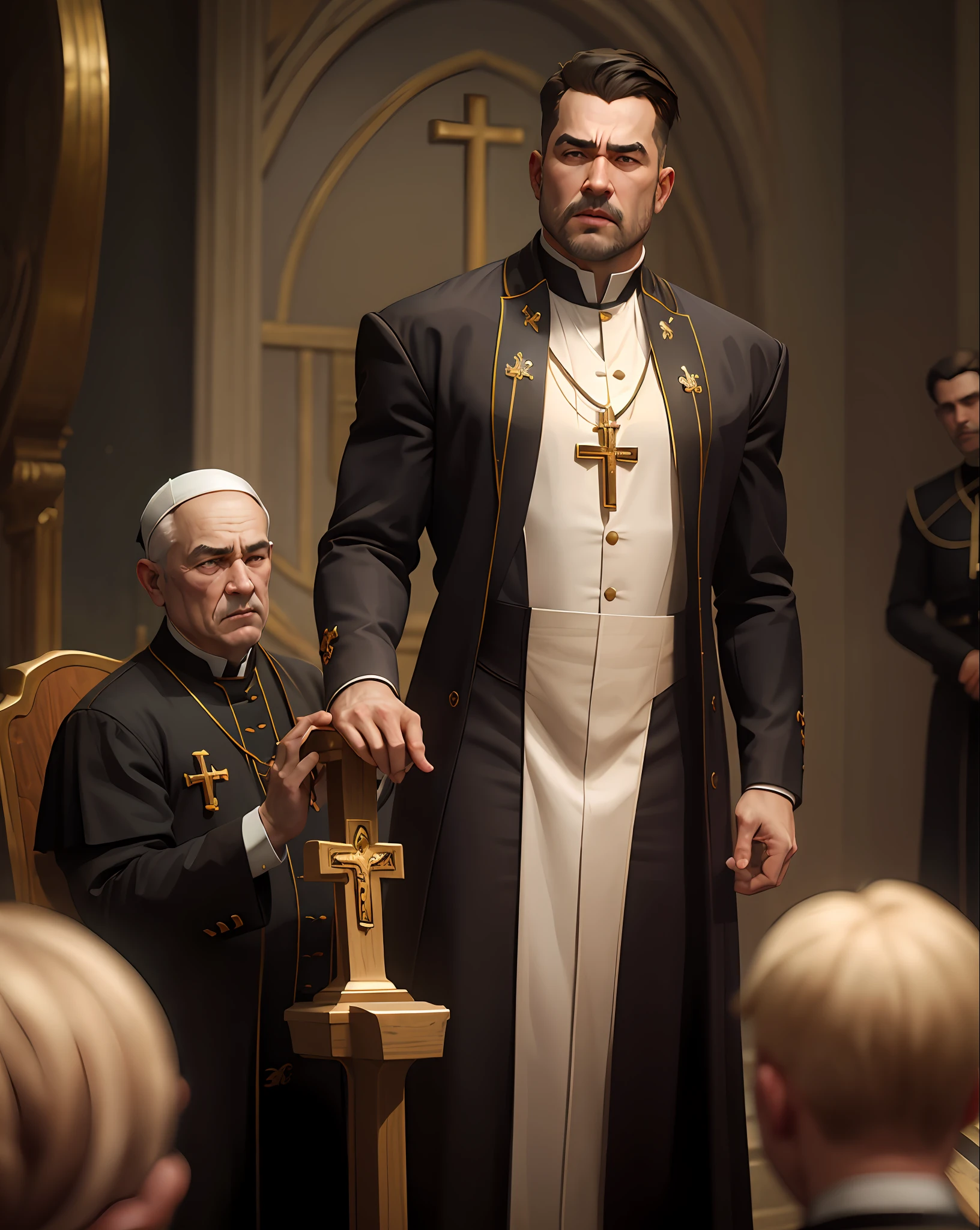 Generate full body image of a priest with a very muscular body who is wearing a black cassock. O padre possui 46 anos de idade e ostenta uma cicatriz proeminente no lado esquerdo do rosto. Adicionalmente, There are two Catholic rosaries hanging around the neck to emphasize the depiction of the clerical figure."
