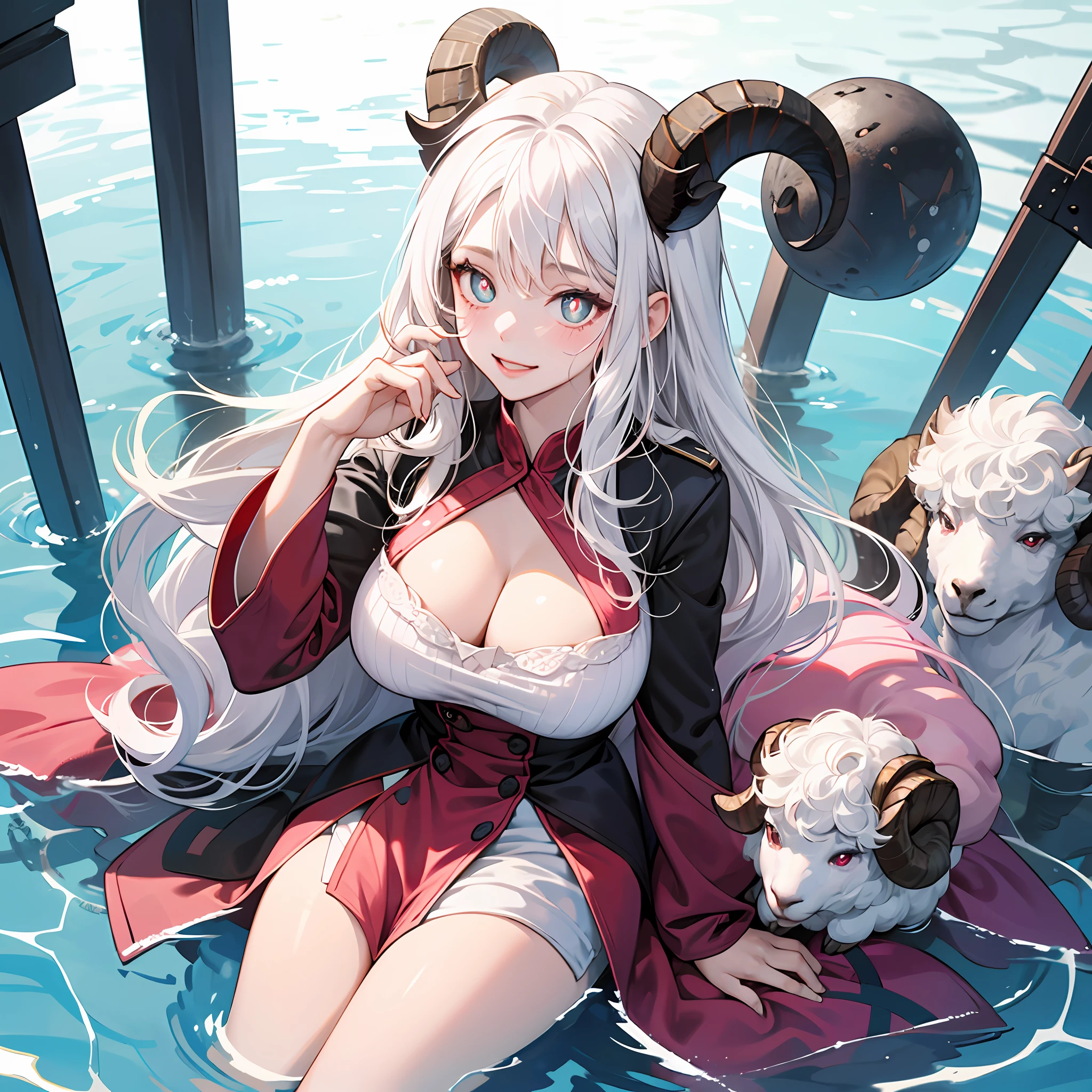 teens girl，A pair of sheep horns grow，White hair，cheeks slightly red，Big eyes of the water spirit，Pink pupils，busty figure，ssmile，meticuloso，high qulity --auto