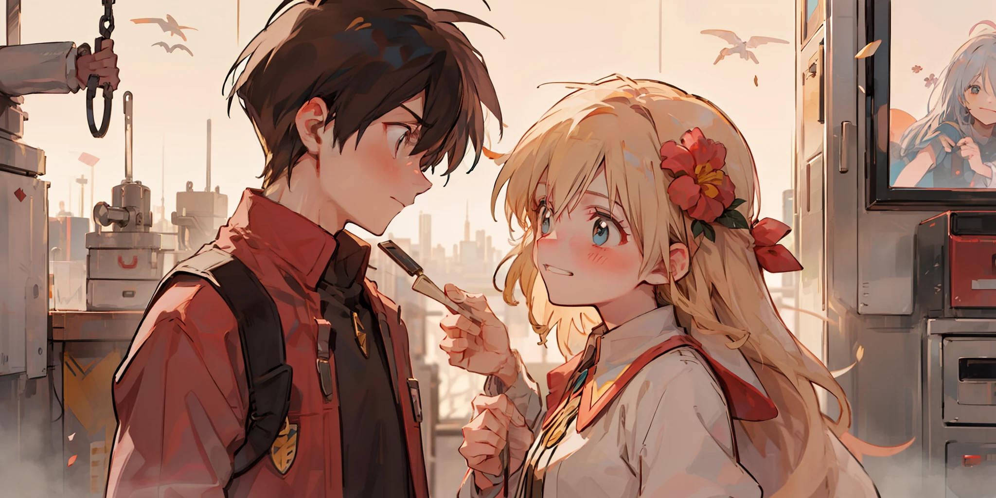 intense eye contact, intimate, romantic atmosphere, girl in casual dress and long blonde hair, blue eyes, shy, short black haired boy holding a flower and giving it to the girl and smiling smiling, patting my head (girl: 1.2+ boy: 1.1) looking at each other, intense emotion)