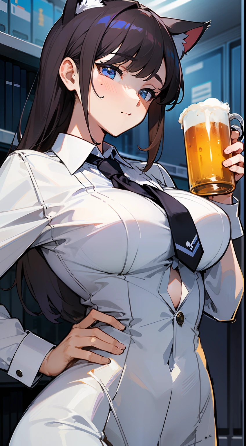 ((Master masterpiece)), ((Top image quality)), illustratio, The girls1Guys, Hair color, Bangs, Hairstyle Fax,Cat's ears、 slender、constricted hips、((large full breasts))、Maiden、((Business suits))、personal computers、server room、Office Equipment、White shirt、neck tie、Holding up a beer mug、I'm very drunk、The camera captures her profile