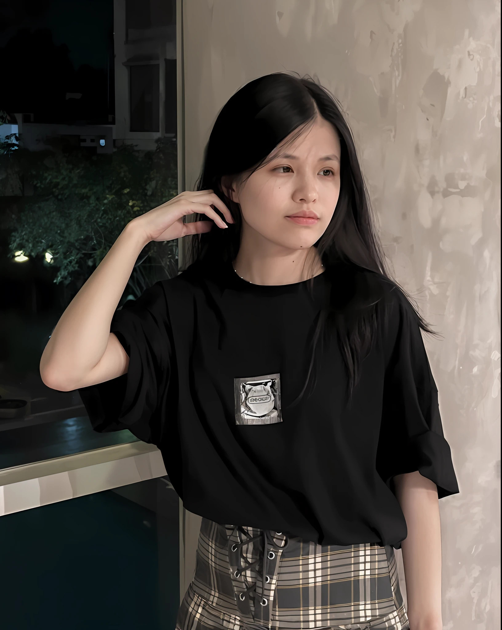 there is a woman standing in front of a window with a cell phone to her ear, 2 0 2 0 fashion, jossi of blackpink, wearing black tshirt, short sleeves, she is wearing streetwear, wearing a black t-shirt, black t-shirt, wearing a black tshirt, black t - shirt, blackpink jennie, jisoo of blackpink