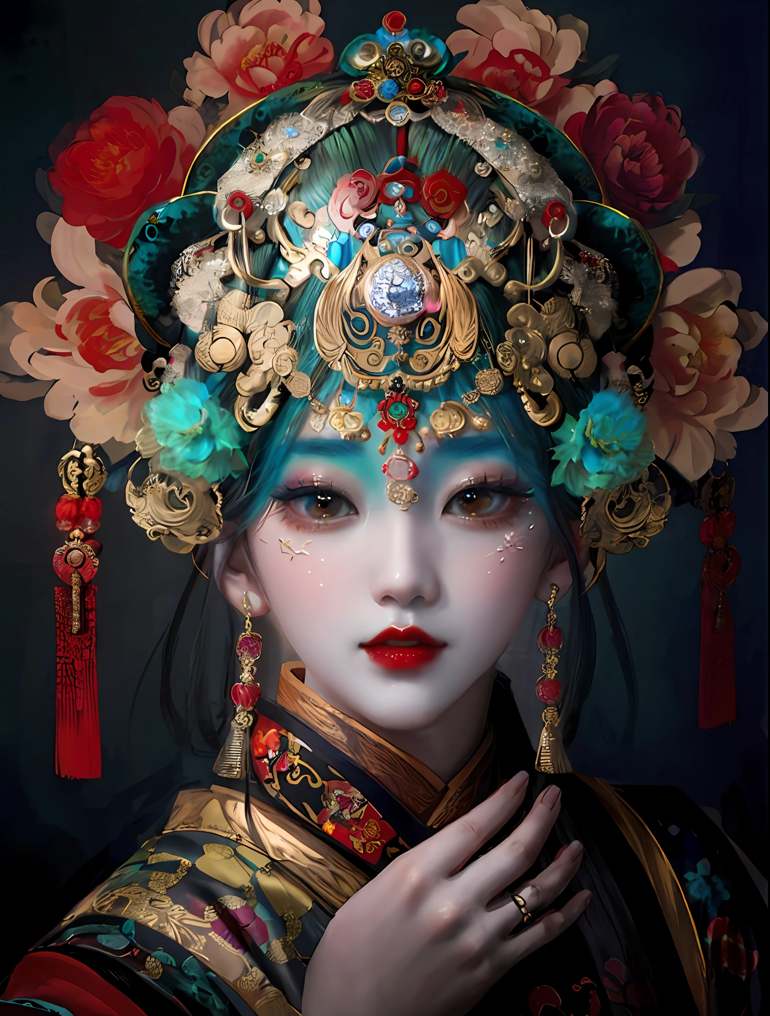 Close-up of a woman wearing a colorful headdress and colorful hat, inspired by Xie Huan, chinese empress, beijing opera, Inspired by Lan Ying, Oriental face, inspired by Jin Nong, Zhang Jingna, geisha photo portrait, China Princess, traditional makeup, remarkable geisha make up, Chinese woman, Portrait of a geisha