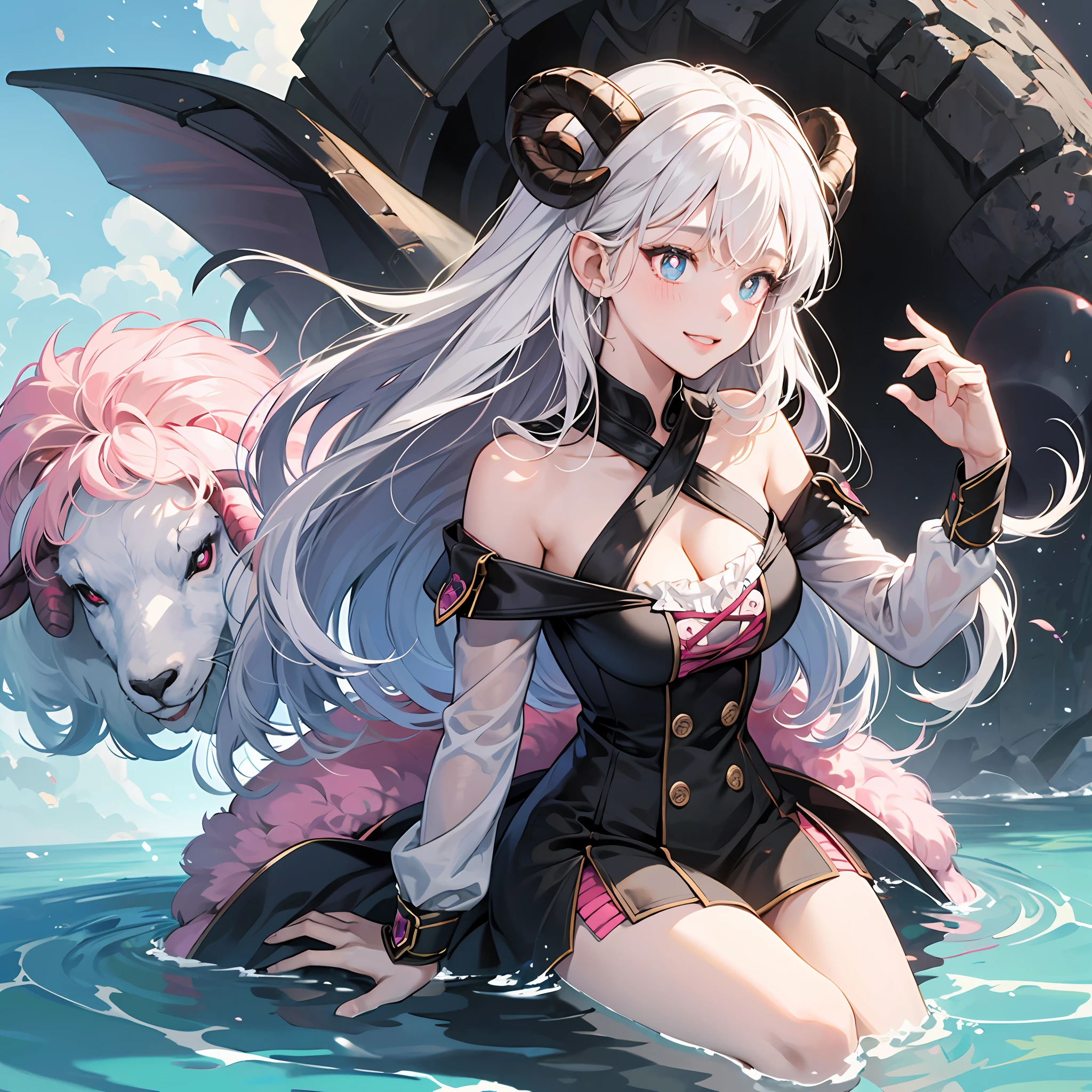 s girl,A pair of sheep horns grow,White hair,cheeks slightly red,Big eyes of the water spirit,Pink pupils,busty figure,ssmile,meticuloso,high qulity --auto