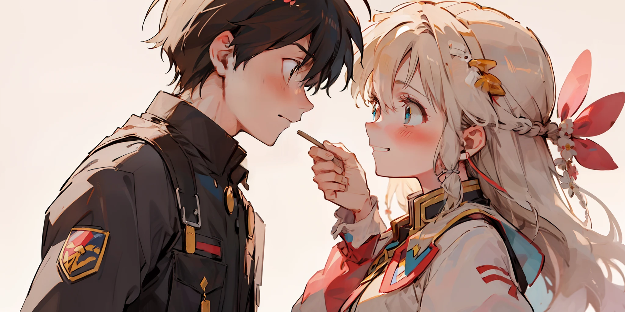 intense eye contact, intimate, romantic atmosphere, girl in casual dress and long blonde hair, blue eyes, shy, short black haired boy holding a flower and giving it to the girl and smiling smiling, patting my head (girl: 1.2+ boy: 1.1) looking at each other, intense emotion)