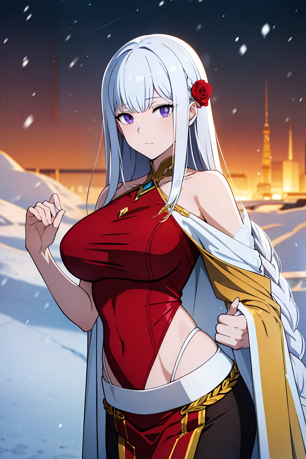 masterpiece, best quality, Freya has a beauty that is superior and outstanding even among the gods. She has long silver hair, purple eyes, and white skin like that of fresh snow. She has a perfect golden ratio, enough to think that the golden ratio originated from her. Her clothes are in large part black and red, they expose most of her stomach and breasts. She also wears two flower-like ornaments in her hair.