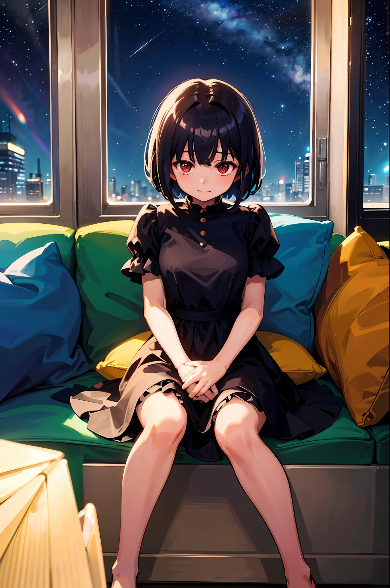 1人の女性、独奏、top-quality、Top image quality、masterpiece、Dark hair、Bob Hair、Red Eyes、Black ruffled dress、natta、Sit on the sofa、Starry sky seen from the window、Shy laughter