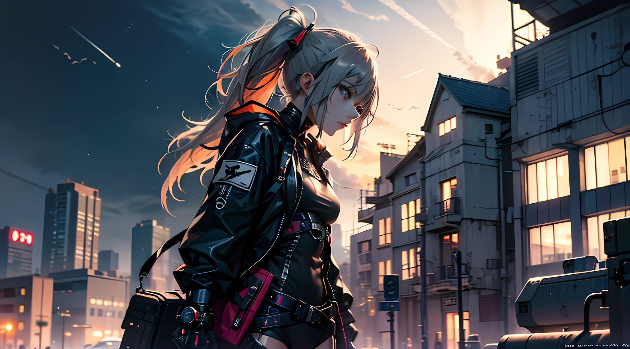 High ponytailed girl，cyber punk perssonage，locomotive ，the night