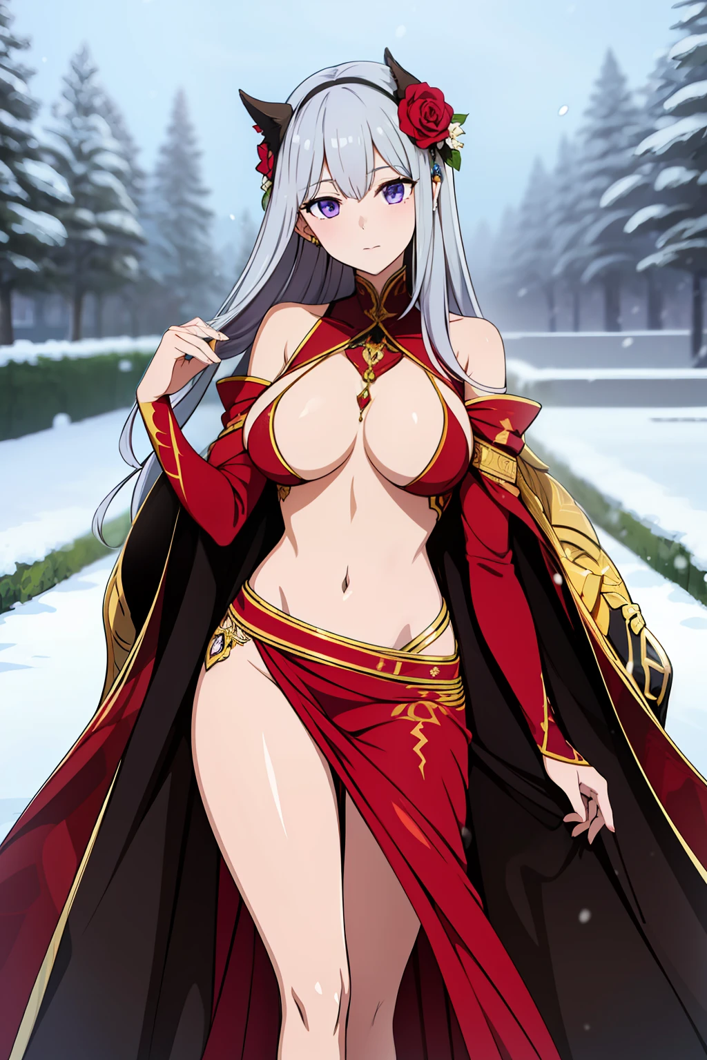 masterpiece, best quality, Freya has a beauty that is superior and outstanding even among the gods. She has long silver hair, purple eyes, and white skin like that of fresh snow. She has a perfect golden ratio, enough to think that the golden ratio originated from her. Her clothes are in large part black and red, they expose most of her stomach and breasts. She also wears two flower-like ornaments in her hair.