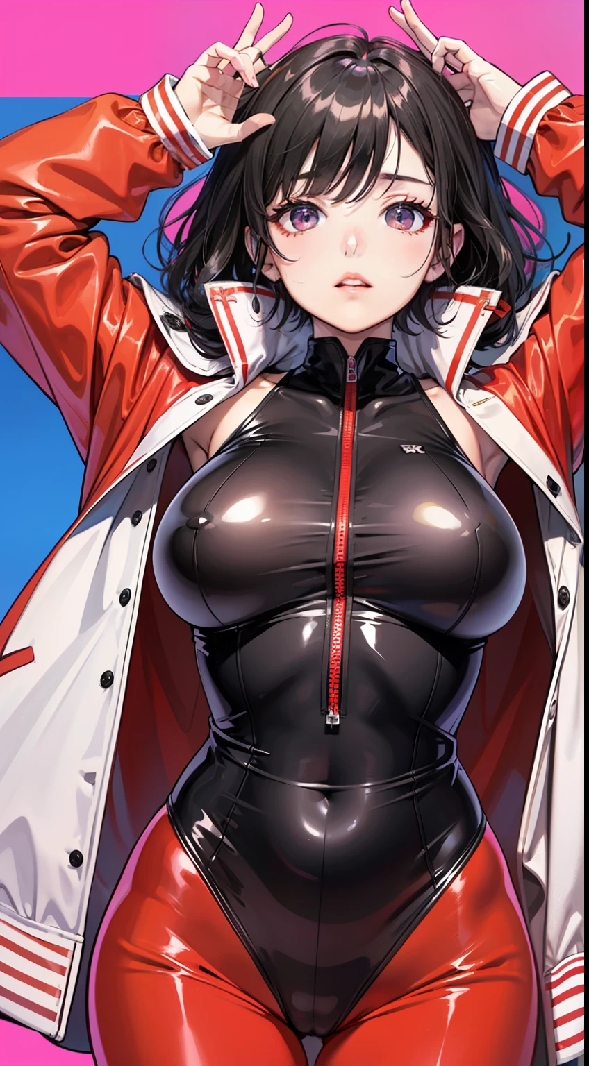 1人、Arm up、bangss、body suit、breastsout、Navel concealment、cropped jackets、gloves、Impossible bodysuit、jaket、huge tit、Long、long-sleeve、Viewer's Perspective、Sprawl、mideum breasts、laying on back、Parted lips、pink bodysuit、Pink eyes、Black hair、Puffy sleeves、a red jacket、Shrug \(vestments\)、skin snug、独奏、Twin-tailed、alice \(Nicke\)、(masterpiece: 1.4)、(top-quality: 1.4)、(shinny skin)、life-like