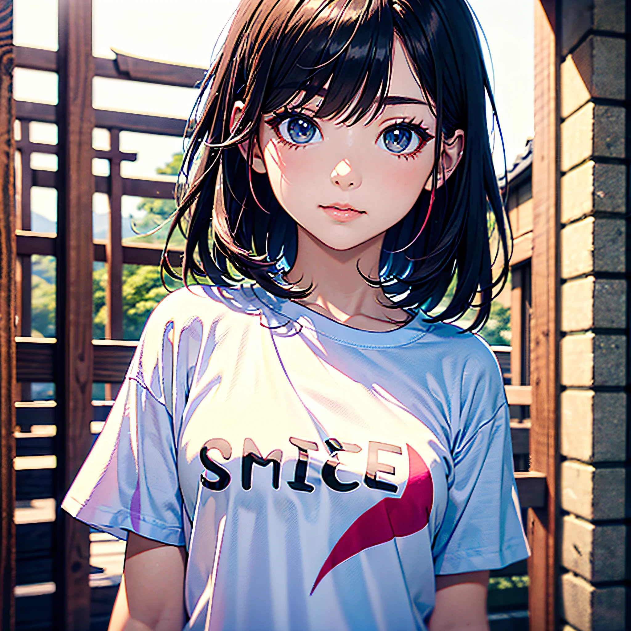 top-quality、ultra-definition、hight resolution、dynamic ungle、masterpiece、realisitic、(Beautiful girl in Japan in colorful t-shirt):1.8