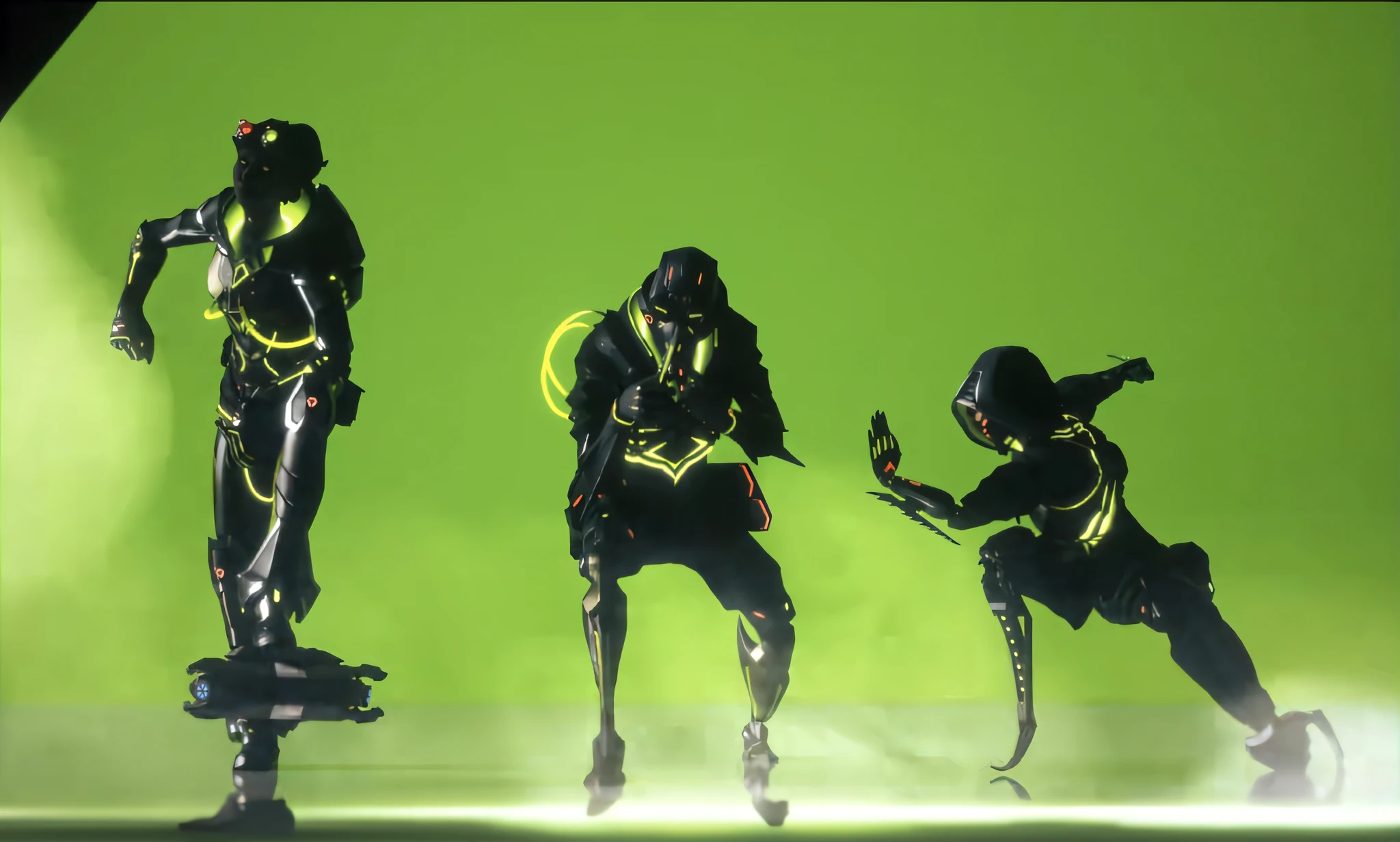 Three men in black suits dance on a green screen, Unreal octane rendering, fantasy style 8 k octane render, 《overwatch》Genji in , black octane render, genji, nvidia omniverse, sleek glowing armor, warframe infested art, warframe concept art, metaverse concept art, death and robots two in the void, valorant style