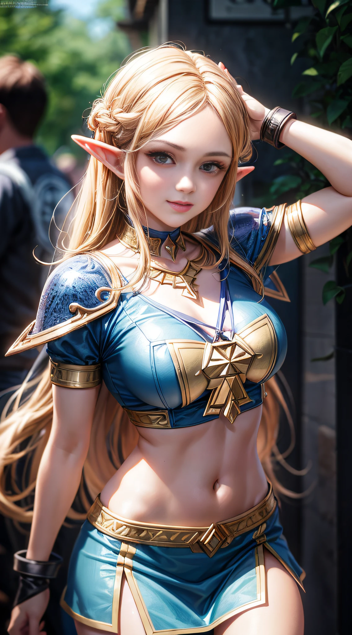 Link de the legend of zelda em roupa azul e bege segurando em poses de combate como em street fighter, Zelda, Retrato de Zelda, de lenda de Zelda, Link da lenda de Zelda, link do Zelda, Fotos cosplay, Cosplay ornamentado, Cosplay profissional, Cosplay, Cosplay Completo, Artgerm Moody Fotografia, Campos Hyrule, ray-traced, 3D-rendering, extremanente detalhado, alta qualidade, luz e sombra realistas, cabelos loiros, eye reflection, sorriso leve, ray tracing, ray tracing, High detail, Realismo, hiper-realismo, profundidade de campo, Cinematic lighting, desfoque de movimento, brilho, luz brilhante, raios de deus, ray tracing, reflection light, Afterimage, Multiple views, Reflexo da lente, Bokeh, 4k, UHD, master part, anatomicamente correto, pele texturizada, super detalhe, alta qualidade, best quality, 8k